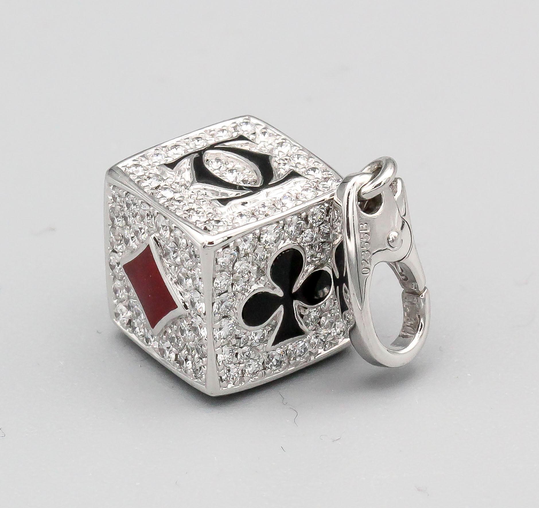 Rare diamond and red and black enamel limited edition (#47 of 70 produced) charm by Cartier. It features high grade round brilliant cut diamonds throughout every side of the square, with playing card suites dressed with red or black enamel, along