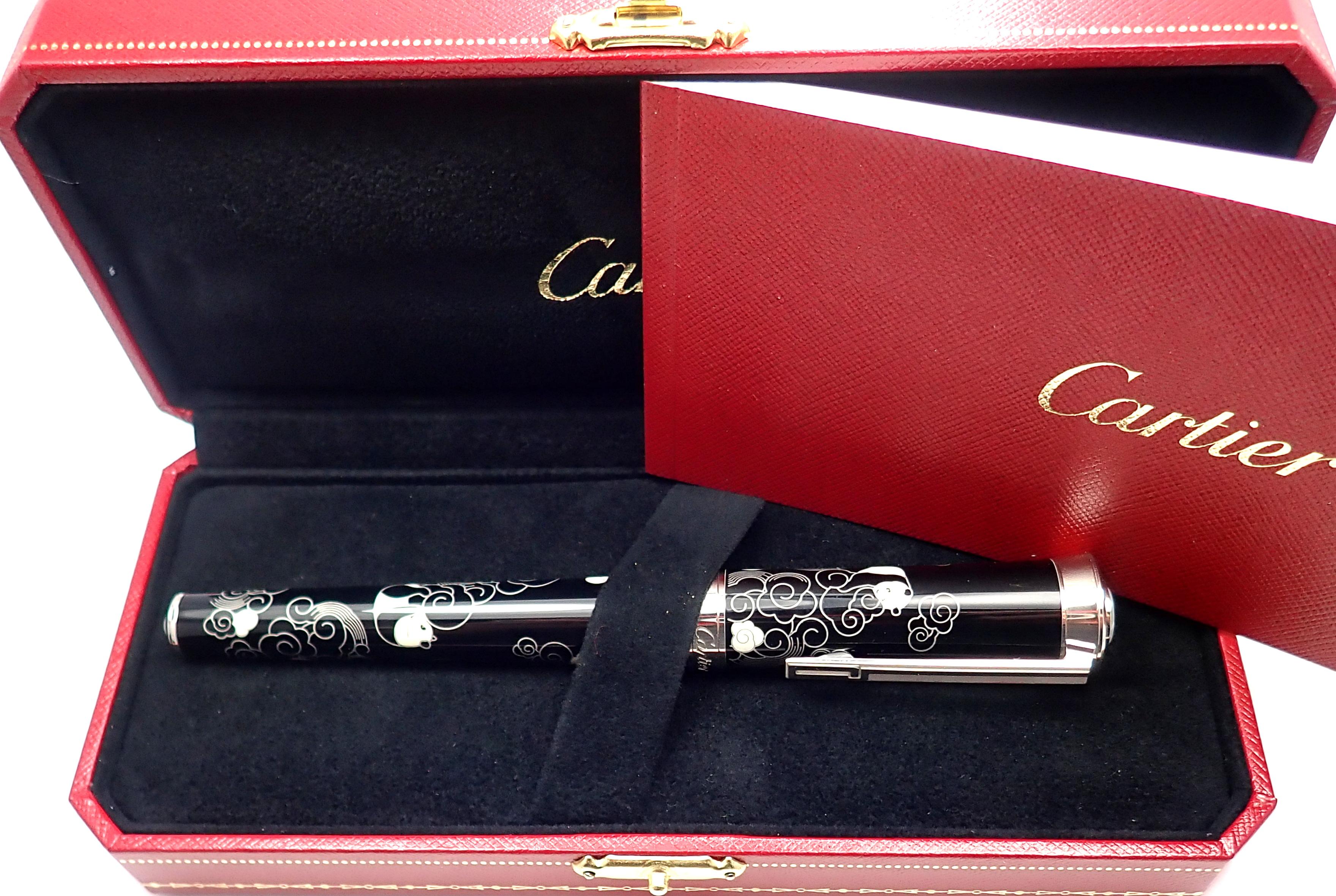 Palladium Art Deco Lacquer Fountain Limited Edition Pen by Cartier.
With Pen Box and Booklet.
Details:
Pen Length: 146mm
Pen Length w/o Cap: 133mm
Cap Length: 63mm
Pen Width: 19mm
Weight: 87 grams
Limited Edition: Number 167 out of 888 ever