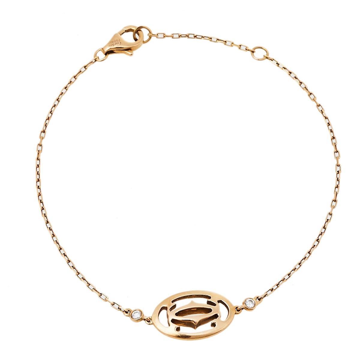 Picked from the “Logo Cartier” line, this bracelet carries the brand's iconic “double C” motif that was first used by Louis Cartier. The bracelet is formed using 18k rose gold and detailed with two diamonds stationed on each side of the