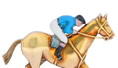 Cartier London 18 Karat Yellow Gold Enamel Horse With Jockey Pin, circa 1900