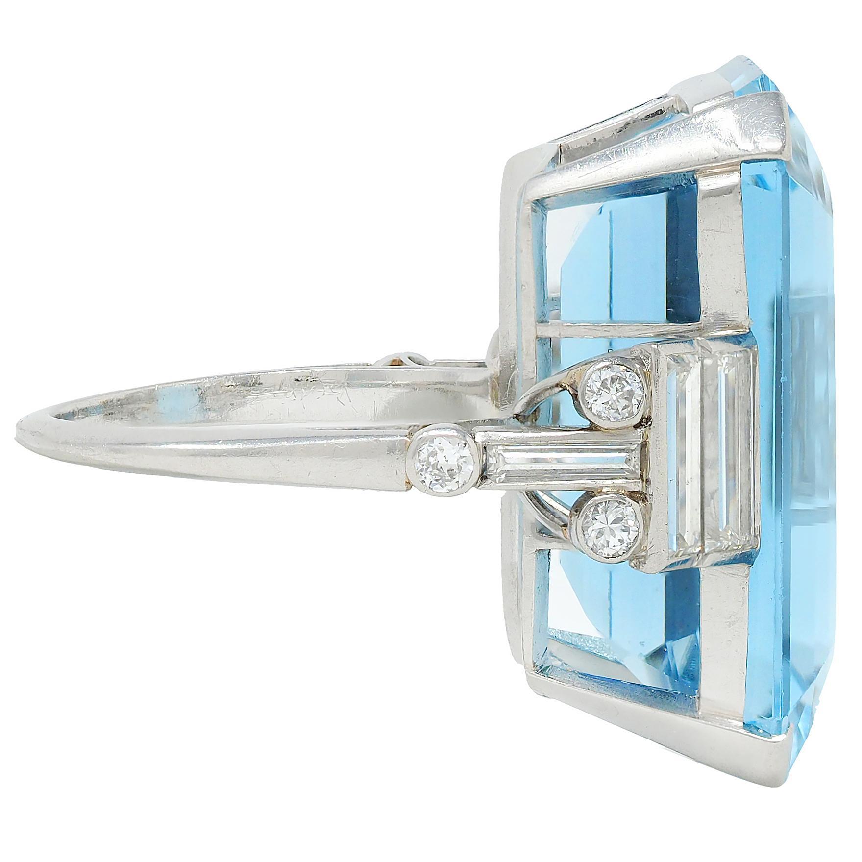 Emerald Cut Cartier London 1950 22.30 CTW Aquamarine Diamond Platinum Vintage Cocktail Ring For Sale