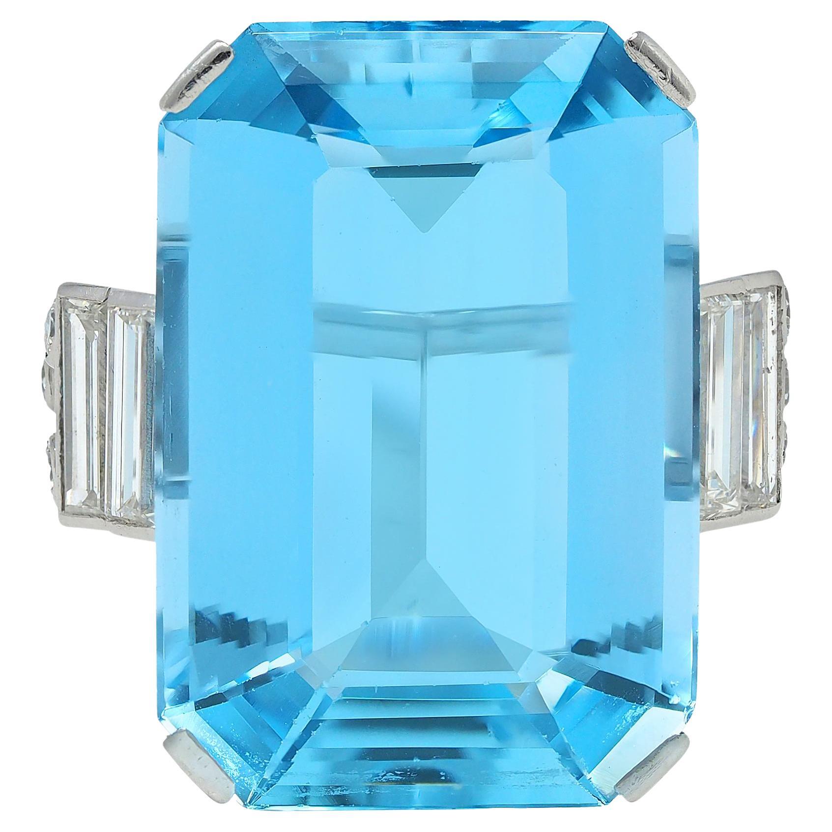 Cartier London 1950 22.30 CTW Aquamarine Diamond Platinum Vintage Cocktail Ring For Sale