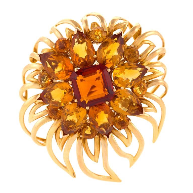 Cartier London 1950s Citrine Gold Flower Brooch