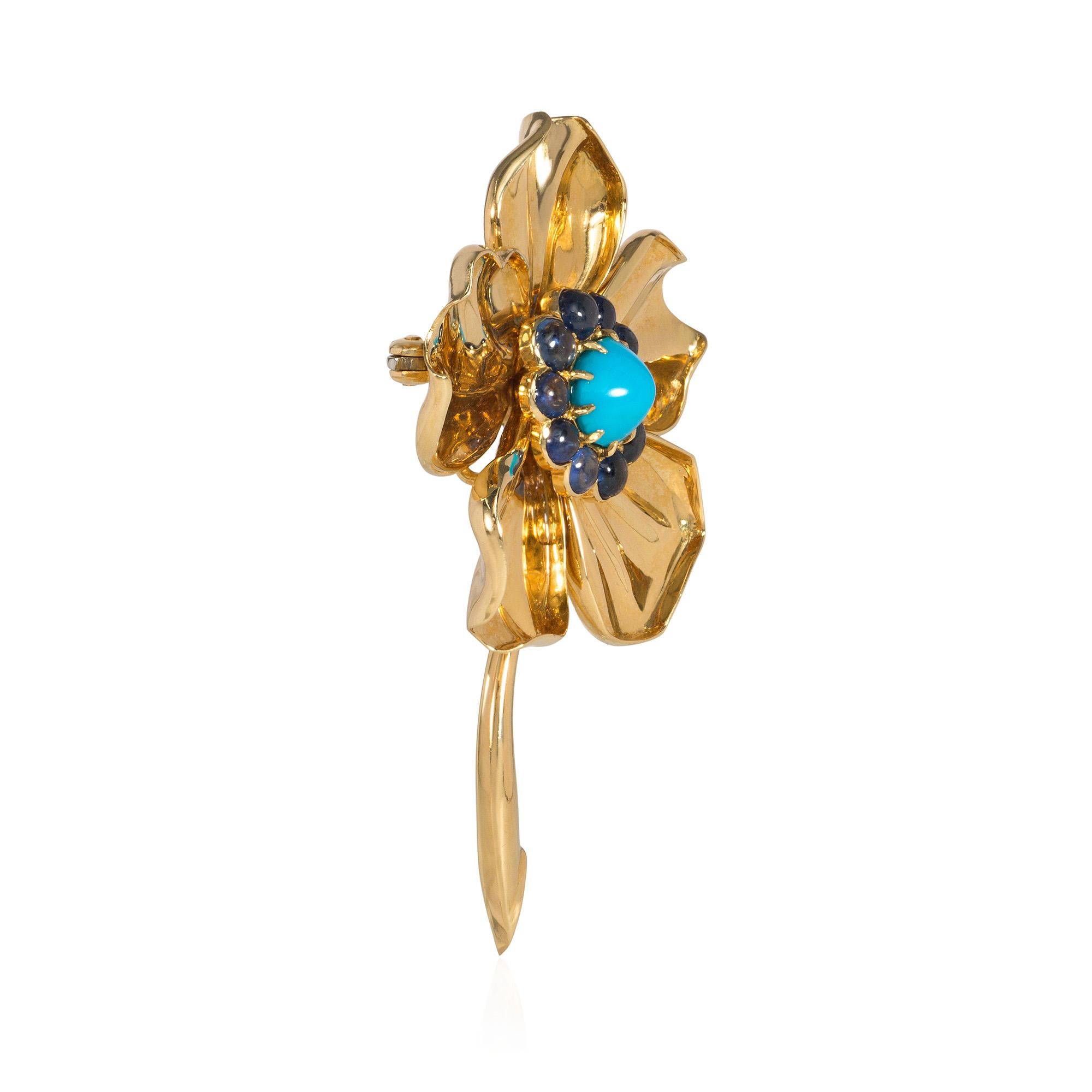 Cartier, London 1960s Gold, Turquoise, and Sapphire Flower Brooch For ...