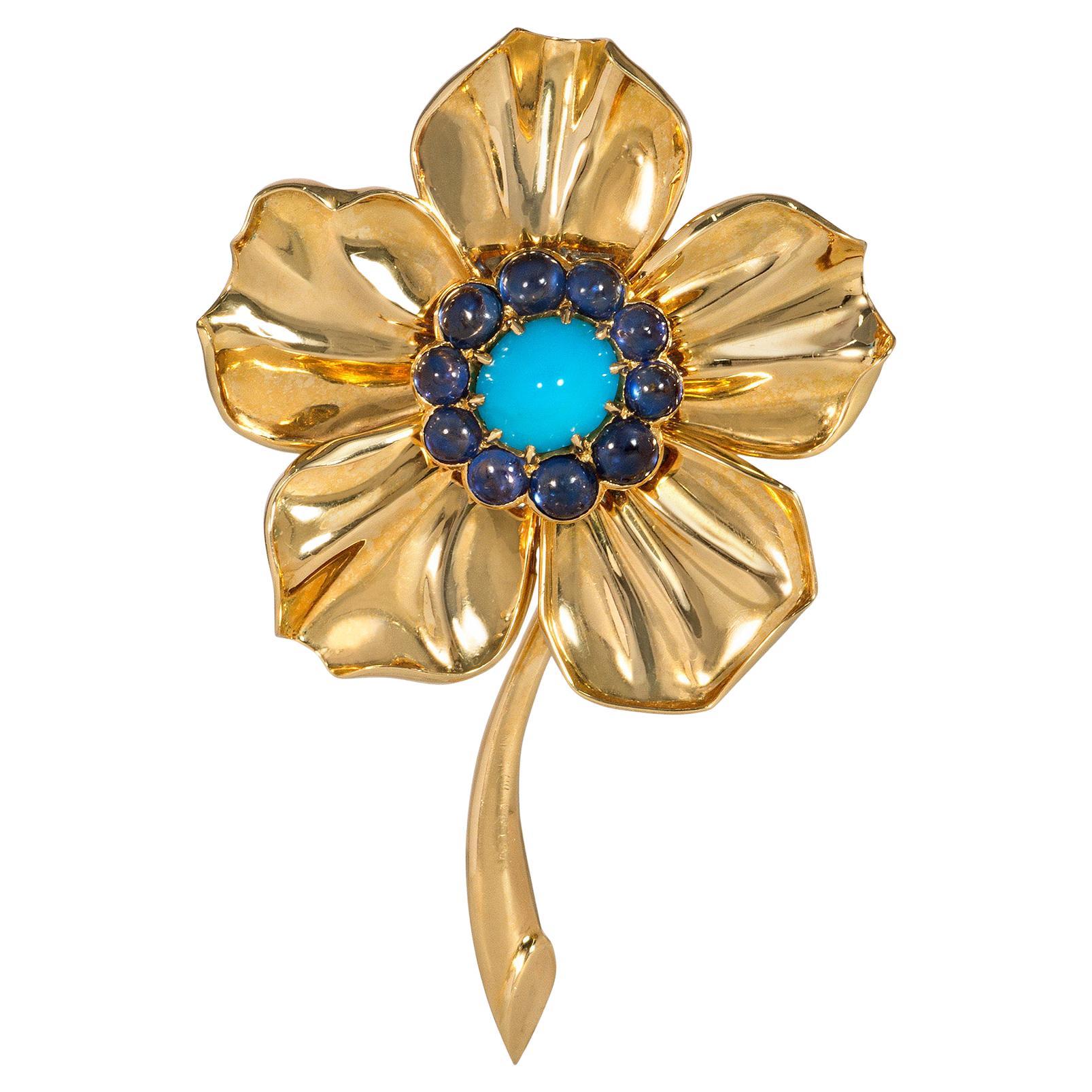 Cartier, London 1960s Gold, Turquoise, and Sapphire Flower Brooch