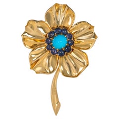 Vintage Cartier, London 1960s Gold, Turquoise, and Sapphire Flower Brooch