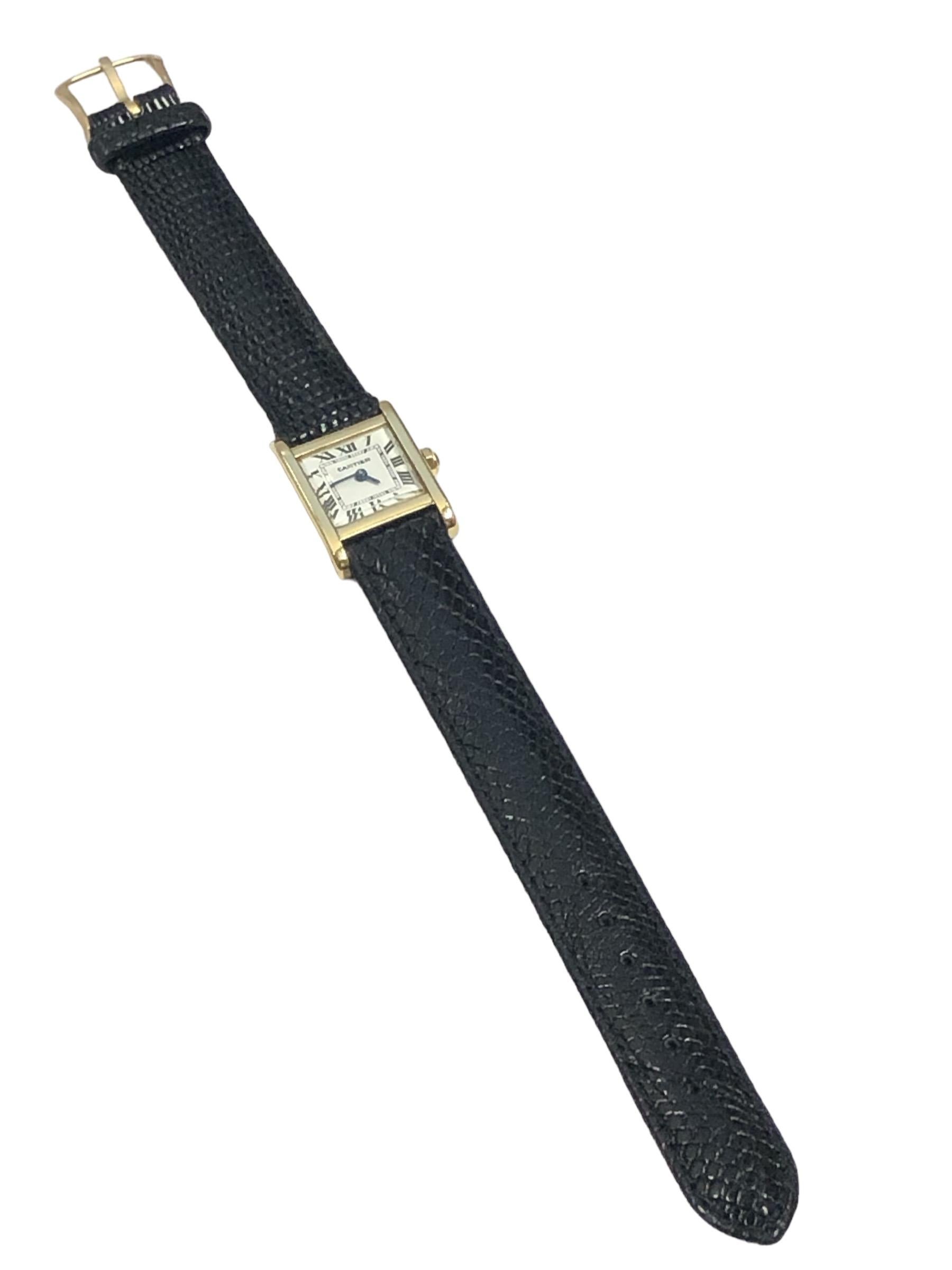 Cartier London 1960er Jahre Gelbgold Jaeger LeCoultre Damen-Tank-Armbanduhr 1