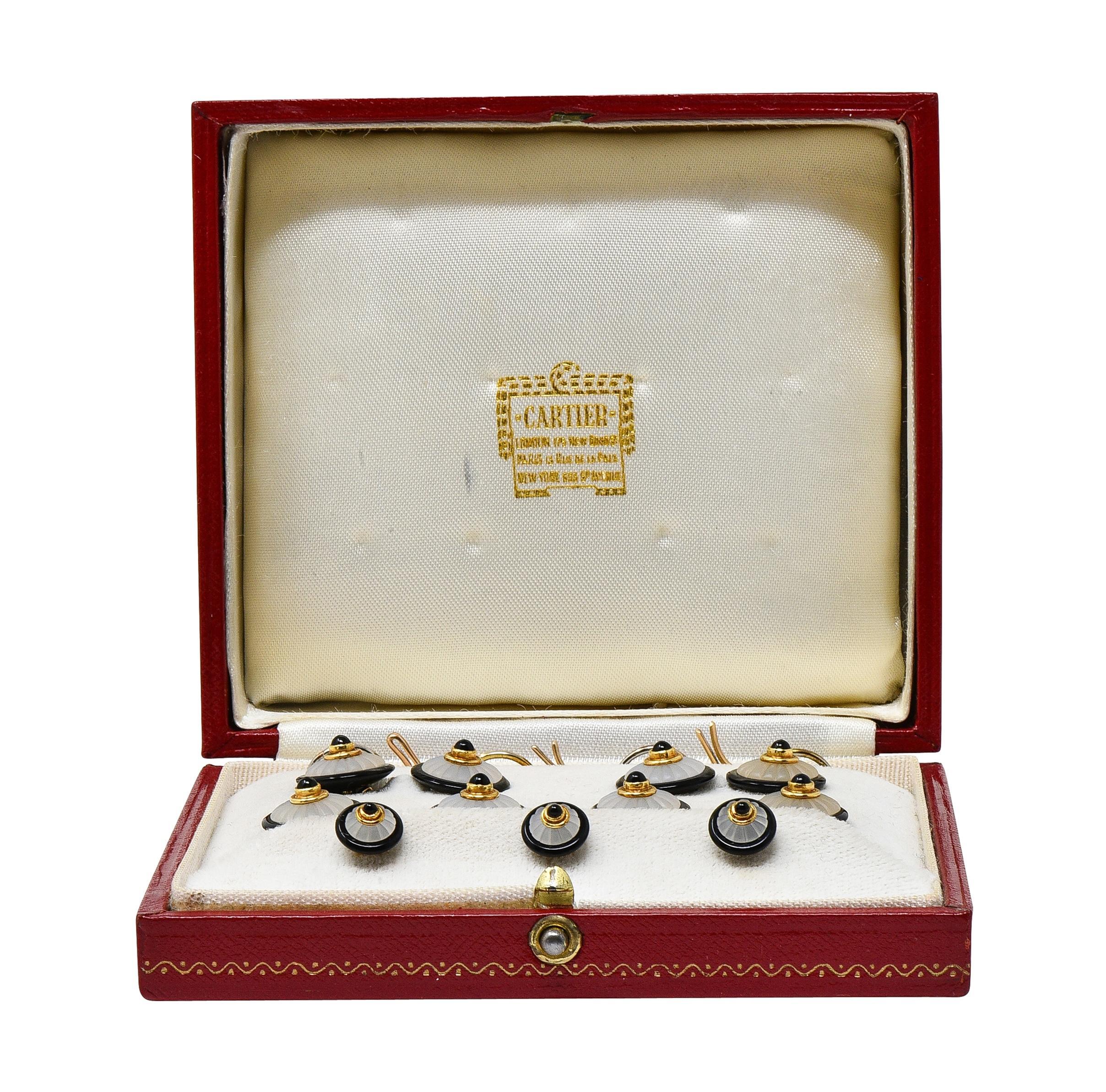 Set de boutons de manchette en or 18 carats Cartier London 1970's Crystal Quartz Onyx Dress Set en vente 14
