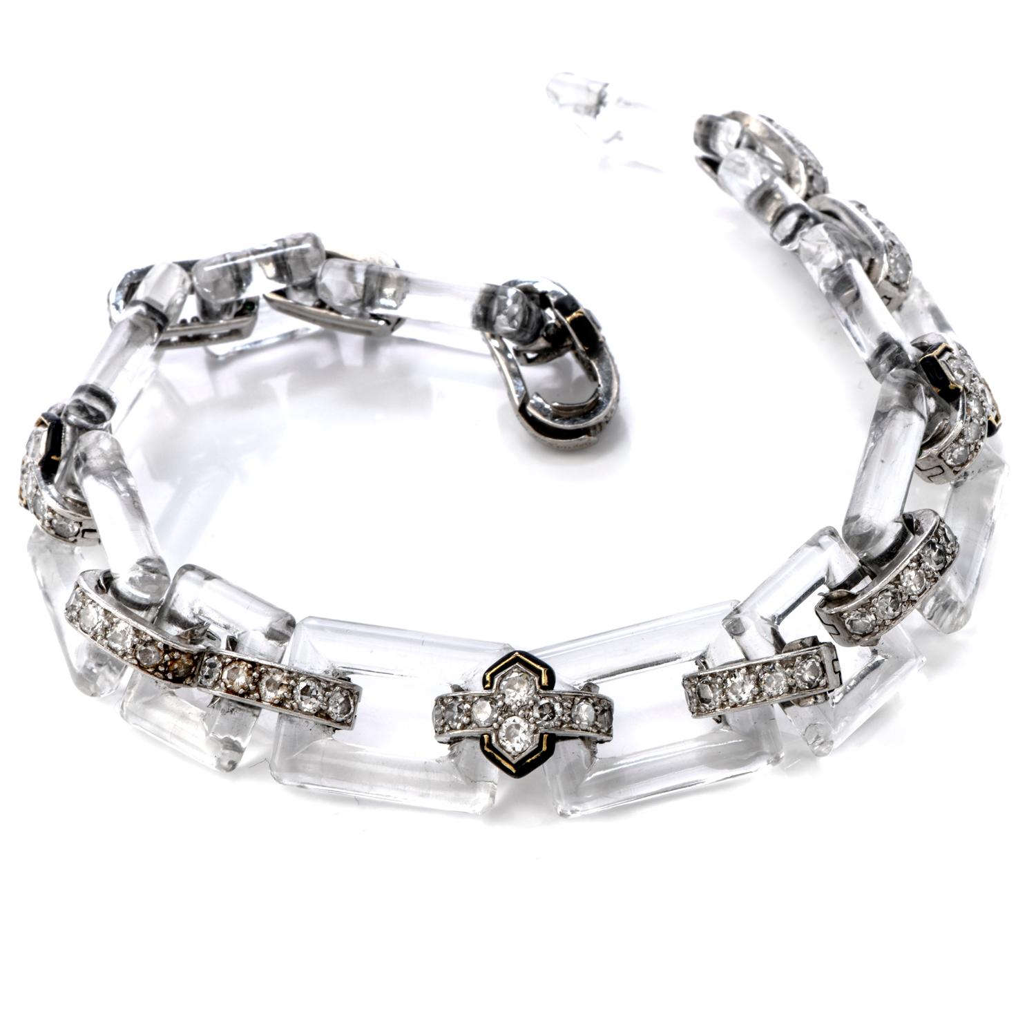 An Art Deco diamond and rock crystal bracelet, by Cartier, London, this beautiful piece has pave set diamond links with black enamel details. It is secured with a hidden fold over the clasp.

Metal Type: Platinum

Total Item Weight approx: 25.2