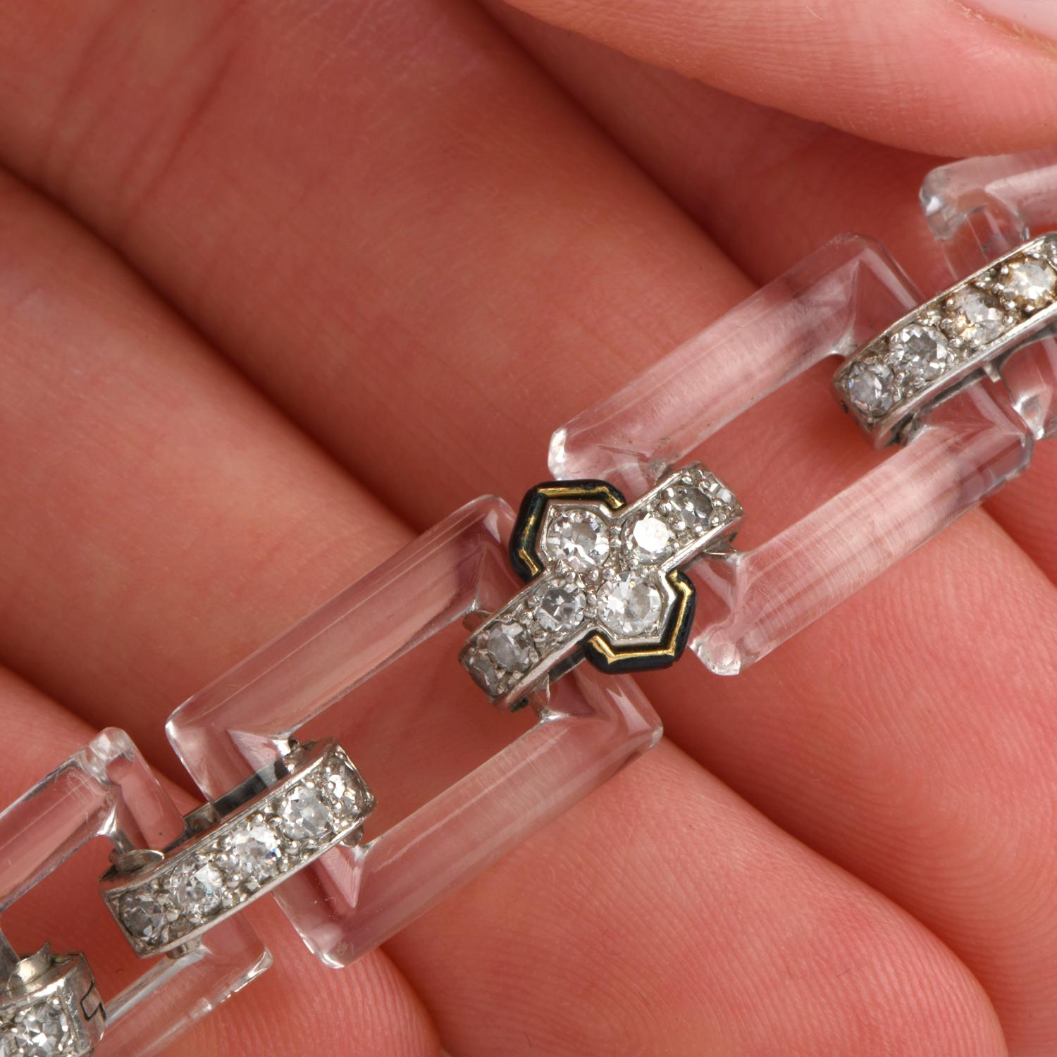 Art Deco Cartier London Antique Deco Diamond Platinum Rock Crystal Link Bracelet