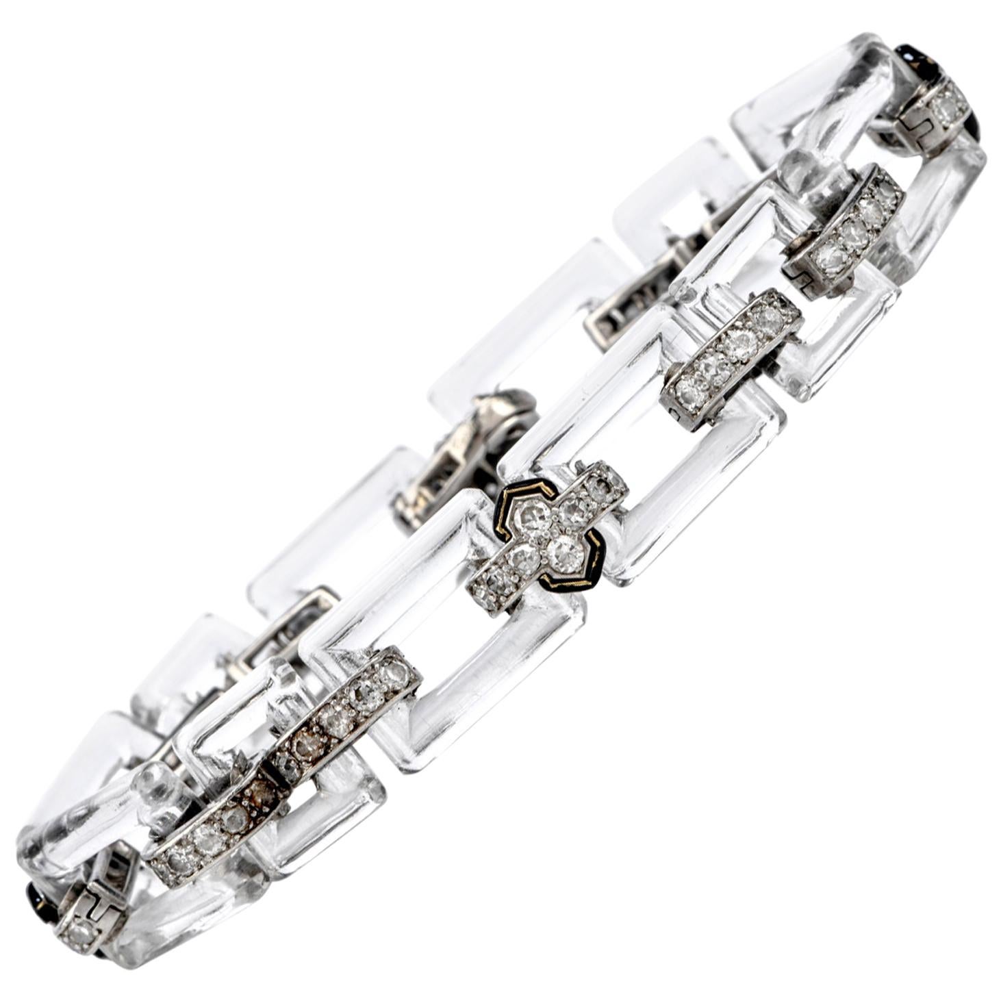 Cartier London Antique Deco Diamond Platinum Rock Crystal Link Bracelet
