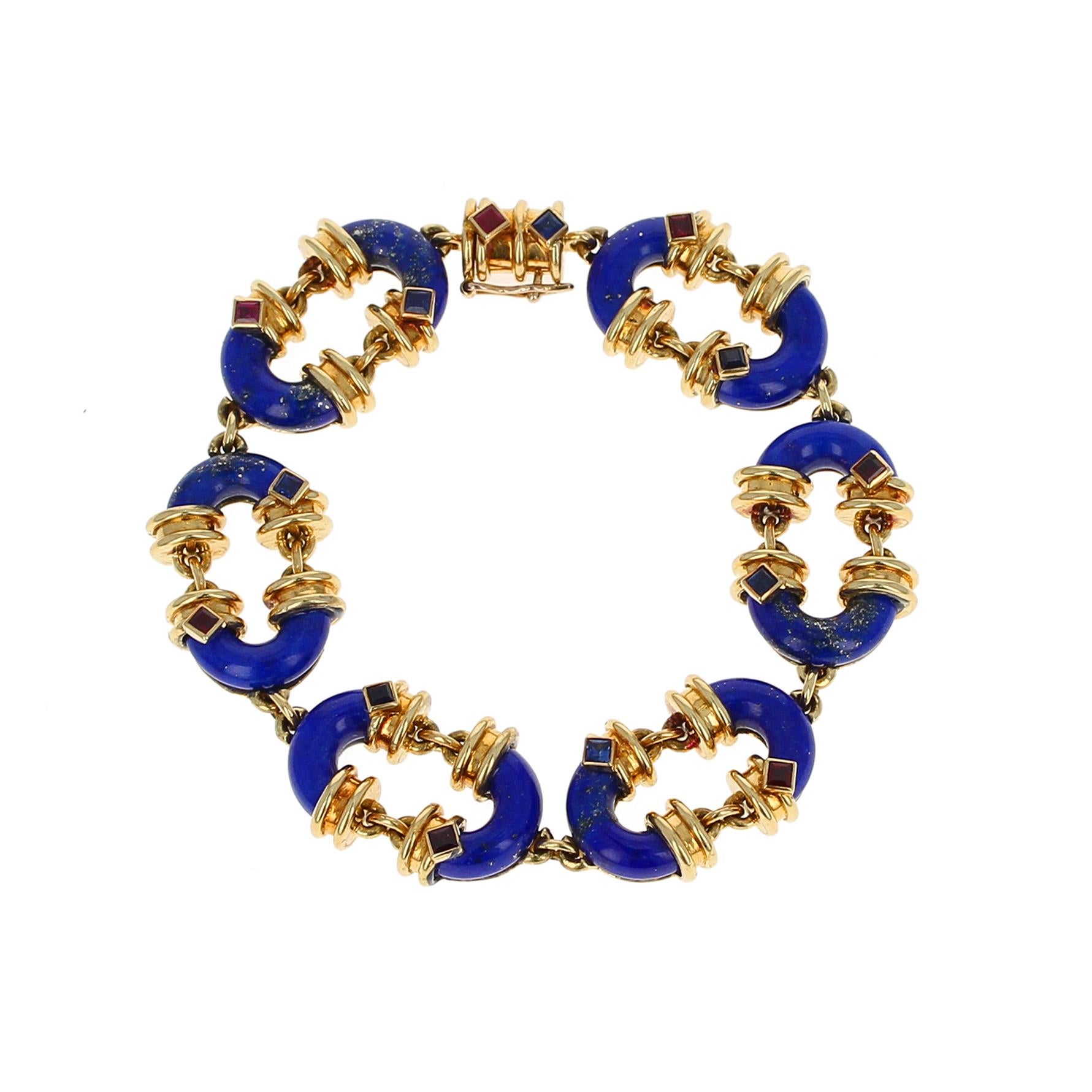 Retro Cartier London Lapis Lazuli with Ruby and Sapphire Yellow Gold Bracelet