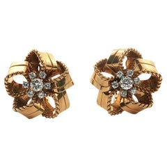 Cartier London Rare Diamond 18KYG Ribbon Motif Earclip Earrings Vintage
