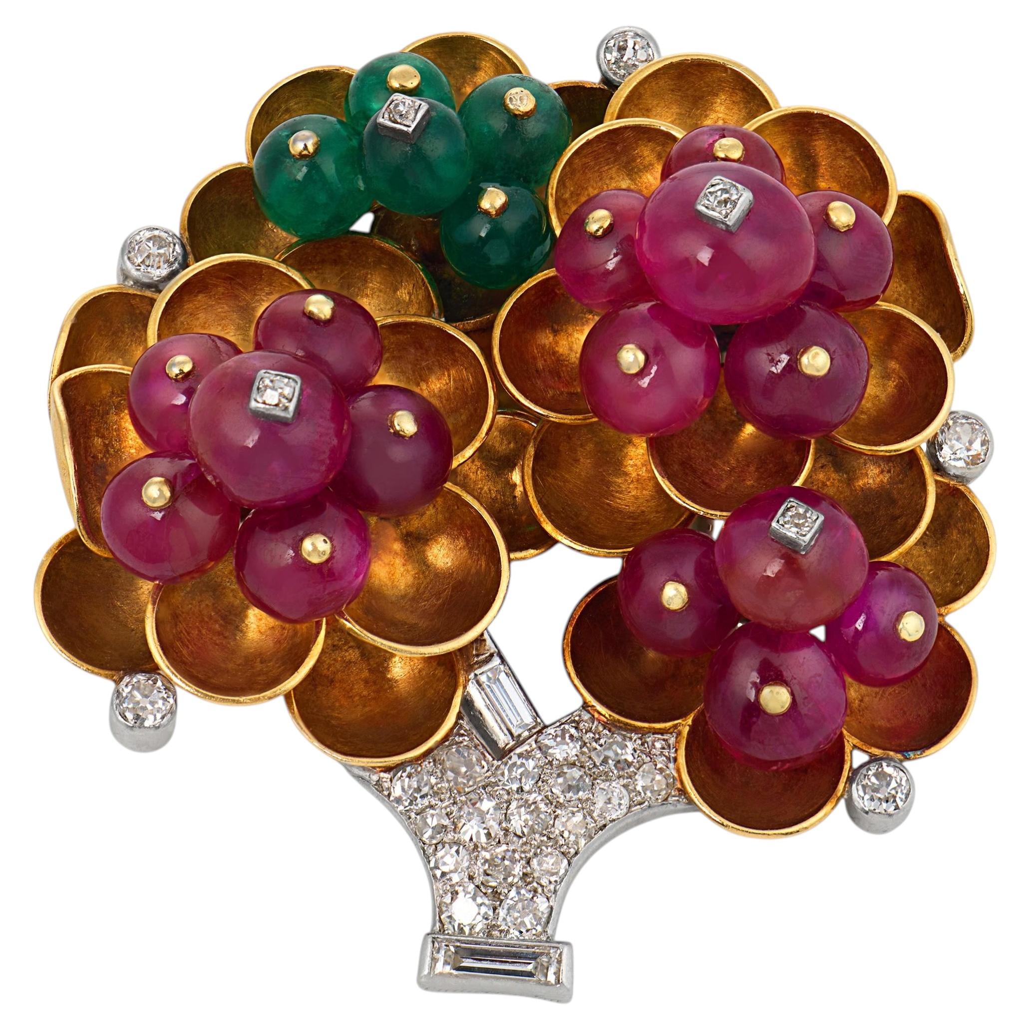 Cartier London ruby emerald diamond 18k yellow gold Tutti Frutti brooch