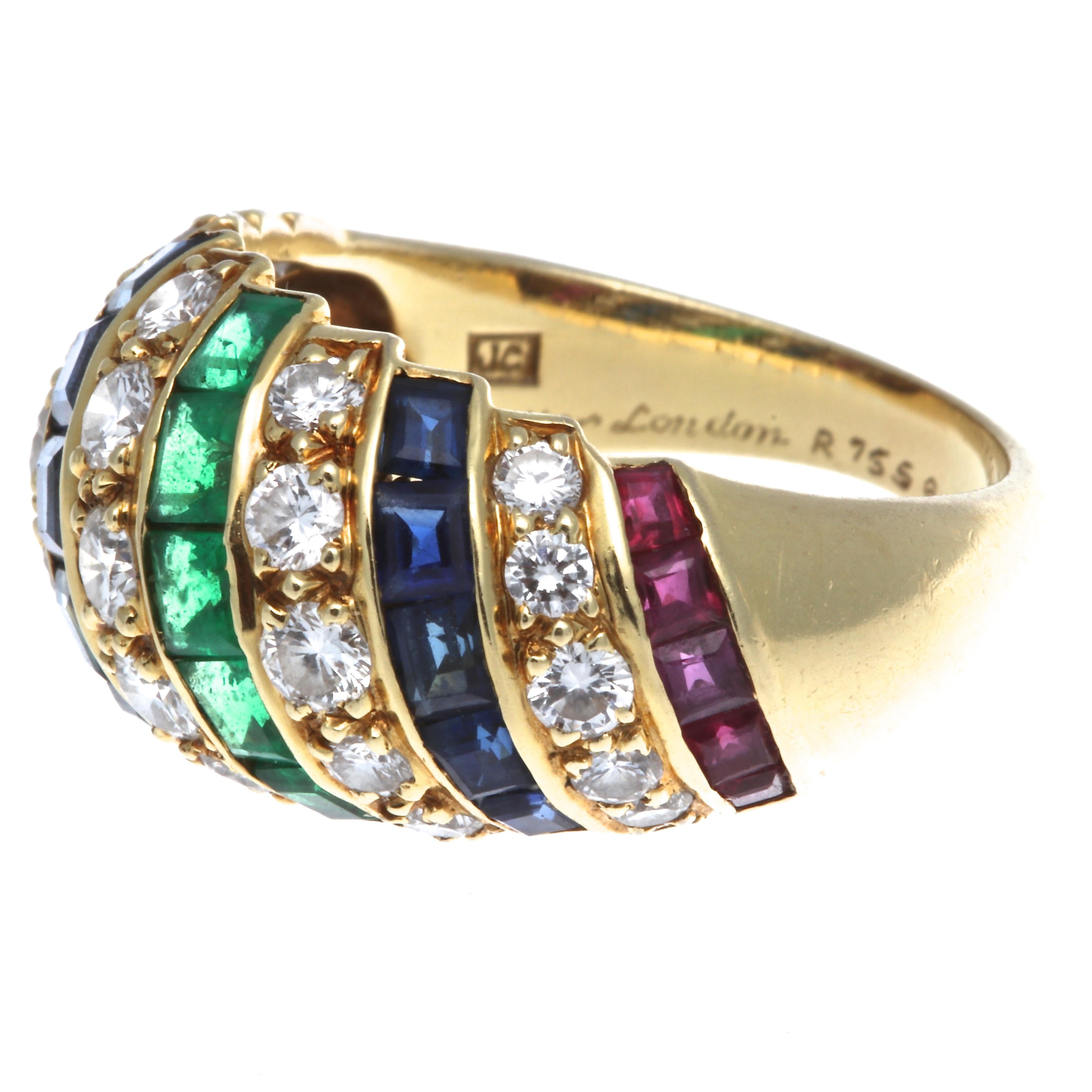 From the London house of Cartier comes a striking find in this ruby, sapphire, emerald, and diamond domed ring. Set in 18k gold are 10 rubies weighing approximately 1.20 carats, 10 sapphires that weigh approximately 2 carats, 5 emeralds that weigh