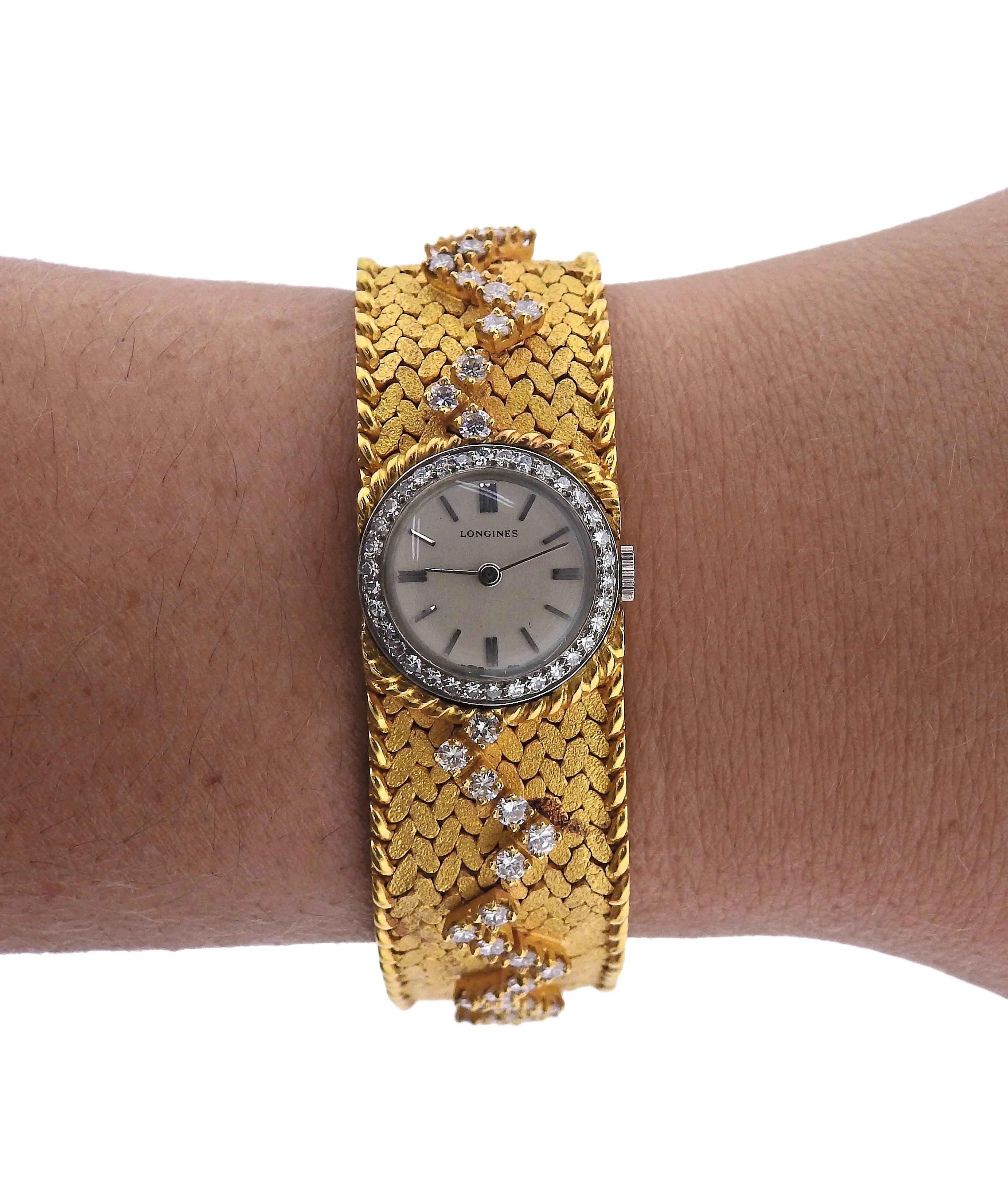 Cartier Longines Diamond Gold Watch Bracelet In Excellent Condition For Sale In New York, NY