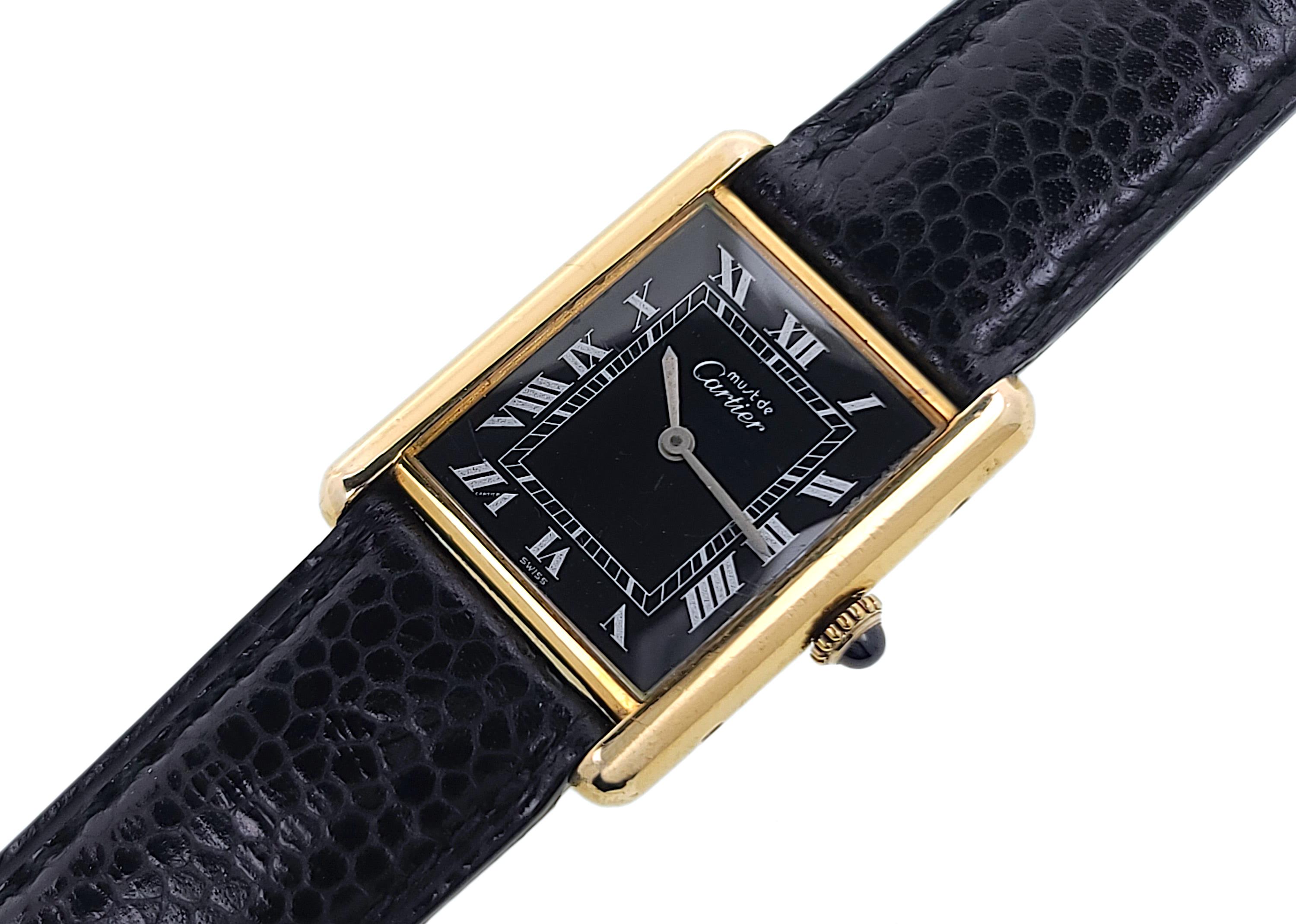 Cartier Louis Must Large 1977 GM LM Classic Railway Vermeil Gold Plated Black In Good Condition In PARIS, FR