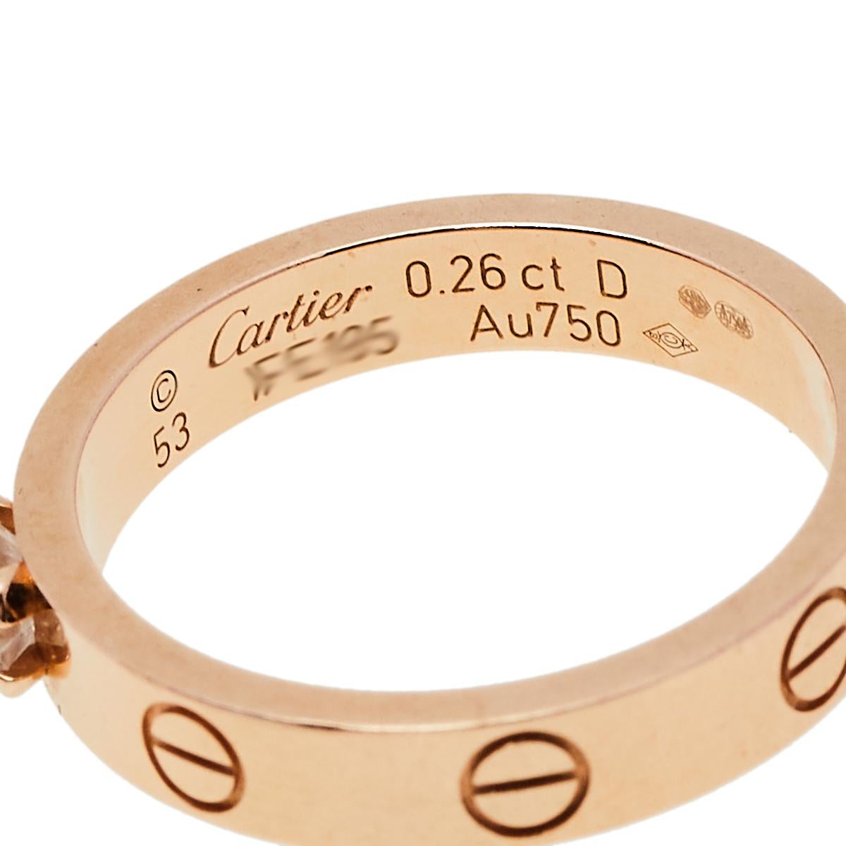 Contemporary Cartier Love 0.25ct Solitaire Diamond 18K Rose Gold Narrow Band Ring Size 53