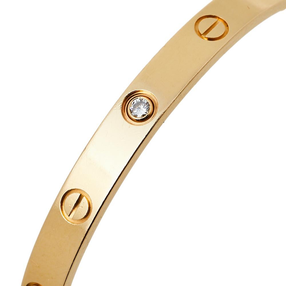 The Cartier bracelets symbolize an eternal bond of love and are now considered timeless. Celebrating a love that is passionate and romantic, this open cuff bracelet from their Love collection is astoundingly beautiful and worthy of becoming your