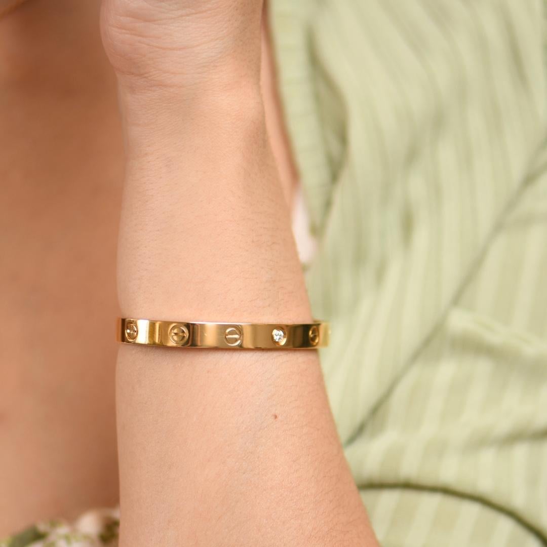 Brilliant Cut Cartier Love 1 Diamond Yellow Gold Cuff Bracelet Size 16 For Sale
