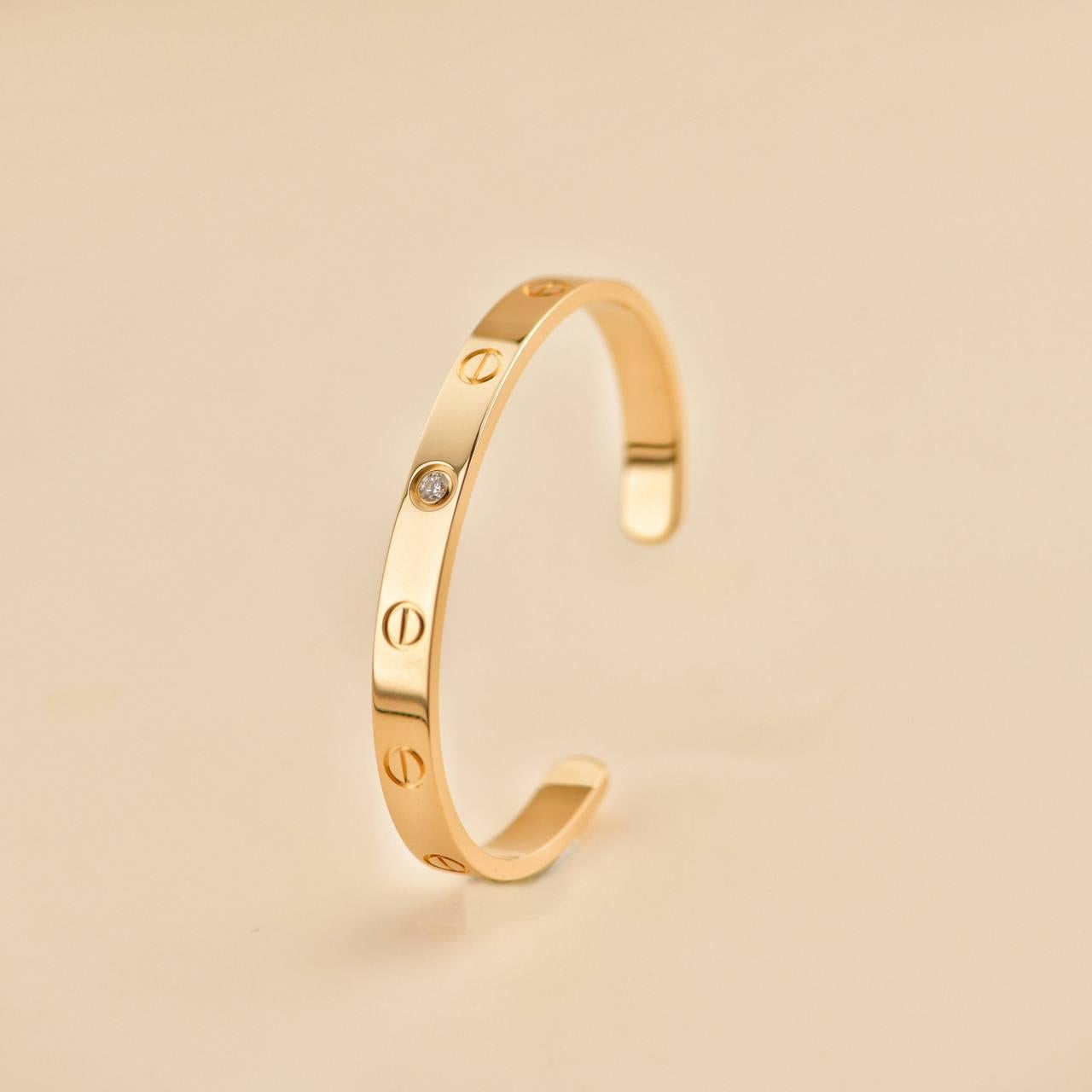 Cartier Love 1 Diamond Yellow Gold Cuff Bracelet Size 16 In Excellent Condition For Sale In Banbury, GB