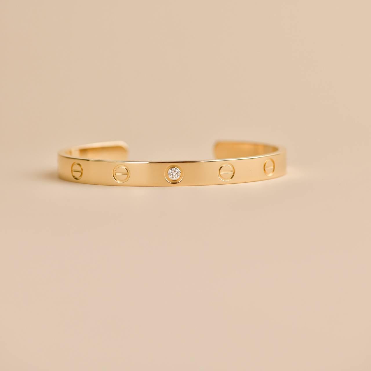 Women's or Men's Cartier Love 1 Diamond Yellow Gold Cuff Bracelet Size 16 For Sale