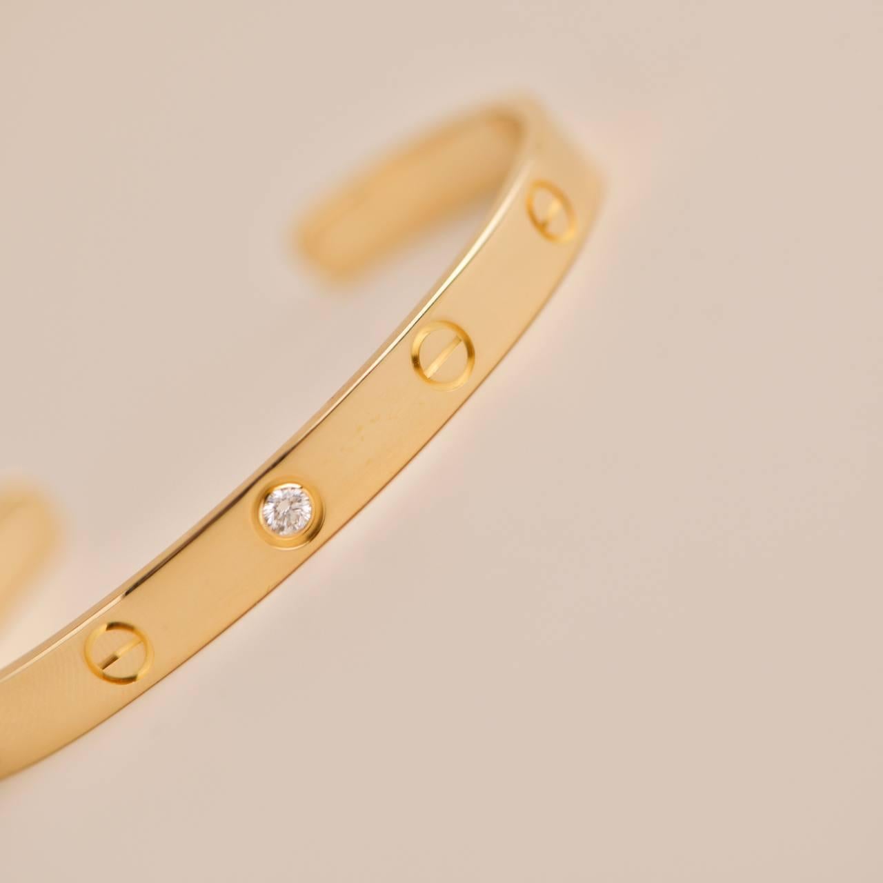 Women's or Men's Cartier Love 1 Diamond Yellow Gold Cuff Bracelet Size 17