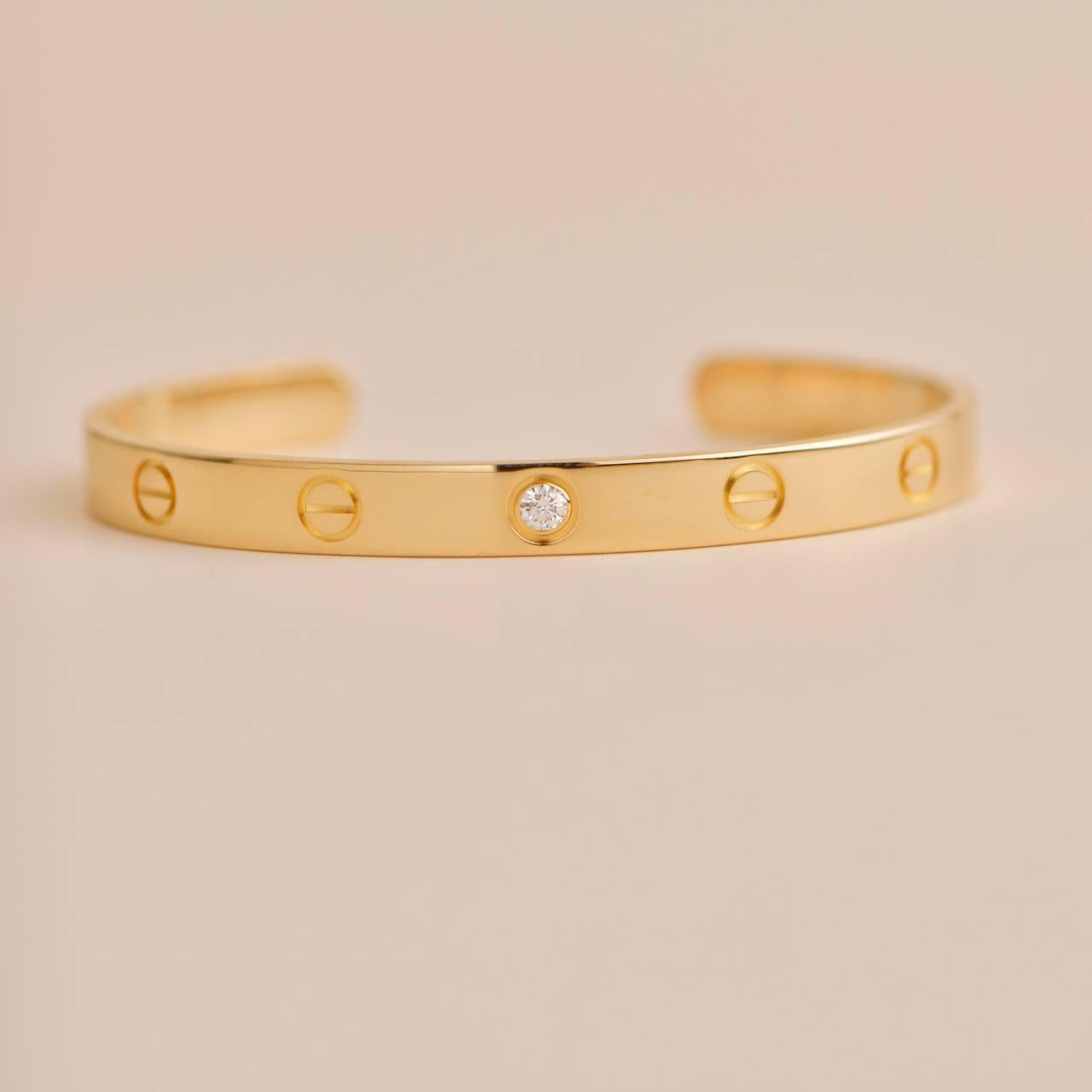 Women's or Men's Cartier Love 1 Diamond Yellow Gold Cuff Bracelet Size 17