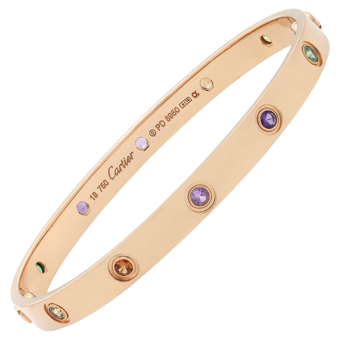 Cartier Love 10 Colored Gemstones 18K Rose Gold Size 17 Bracelet Bangle