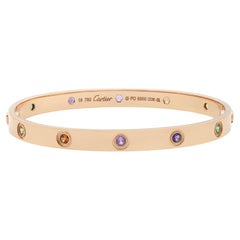 Cartier Love 10 Colored Gemstones Bracelet Bangle 18K Rose Gold Size 18