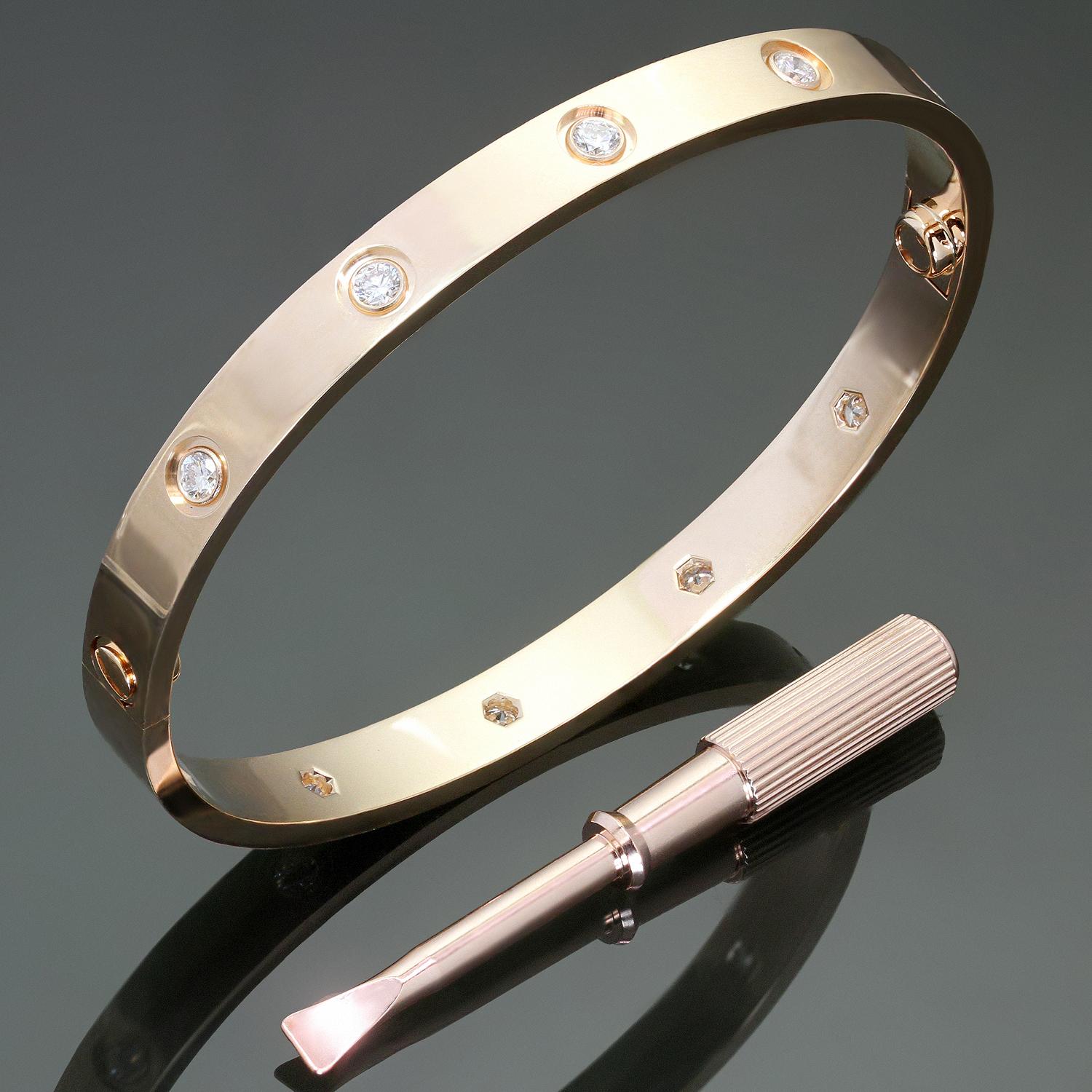 This iconic and timeless bracelet from Cartier's Love collection is crafted in 18k rose gold and set with 10 brilliant-cut round D-F VVS1-VVS2 diamonds of an estimated 1.0 carats. Completed with the original Cartier screwdriver and box. This is the