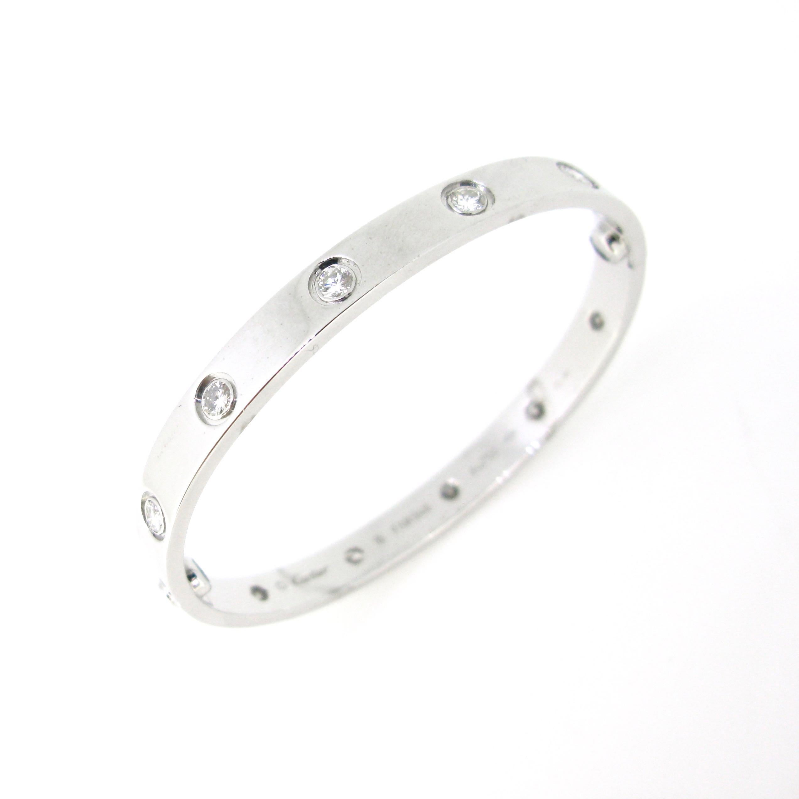 Round Cut Cartier Love 10 Diamonds White Gold Bangle Bracelet