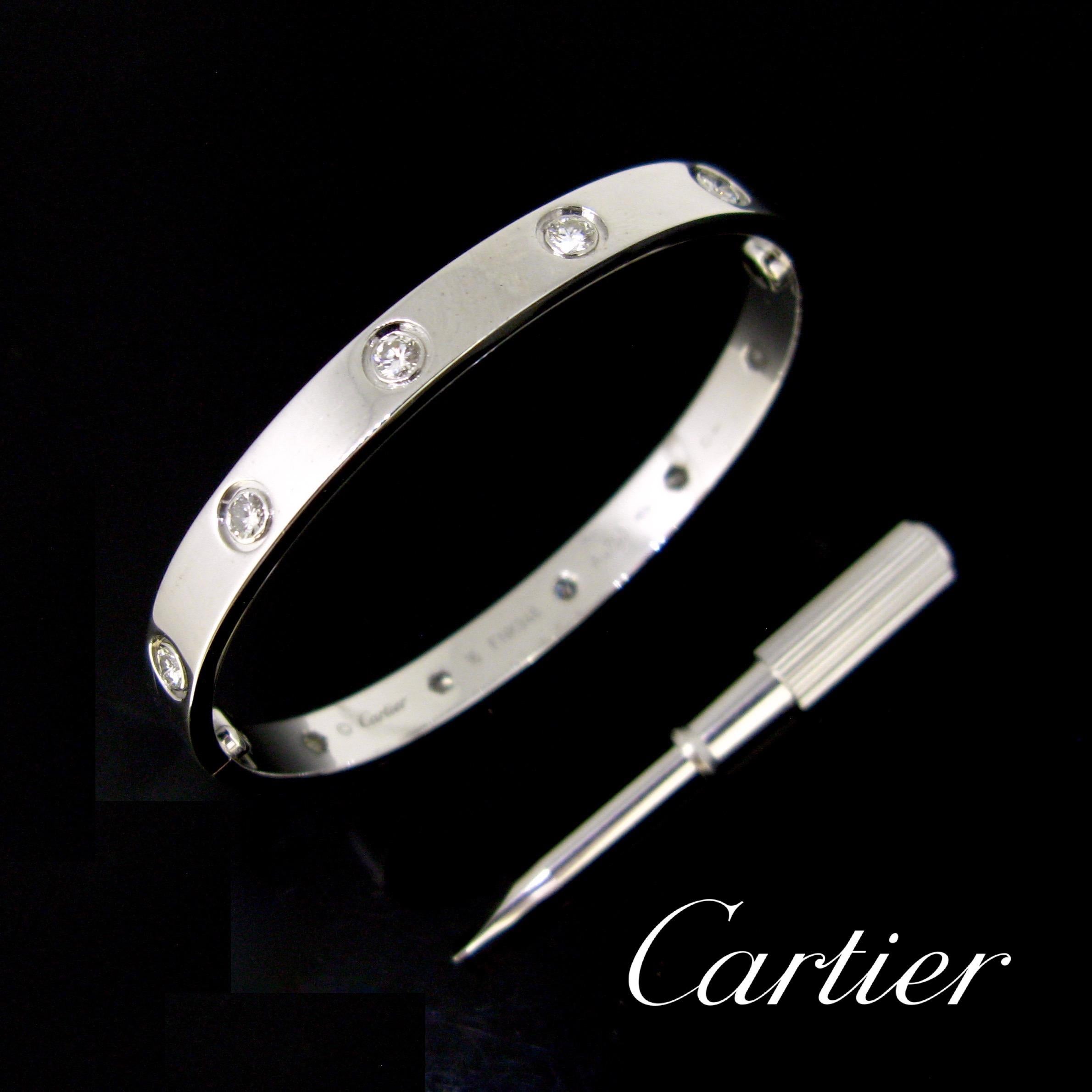 Cartier Love 10 Diamonds White Gold Bangle Bracelet In Excellent Condition In London, GB