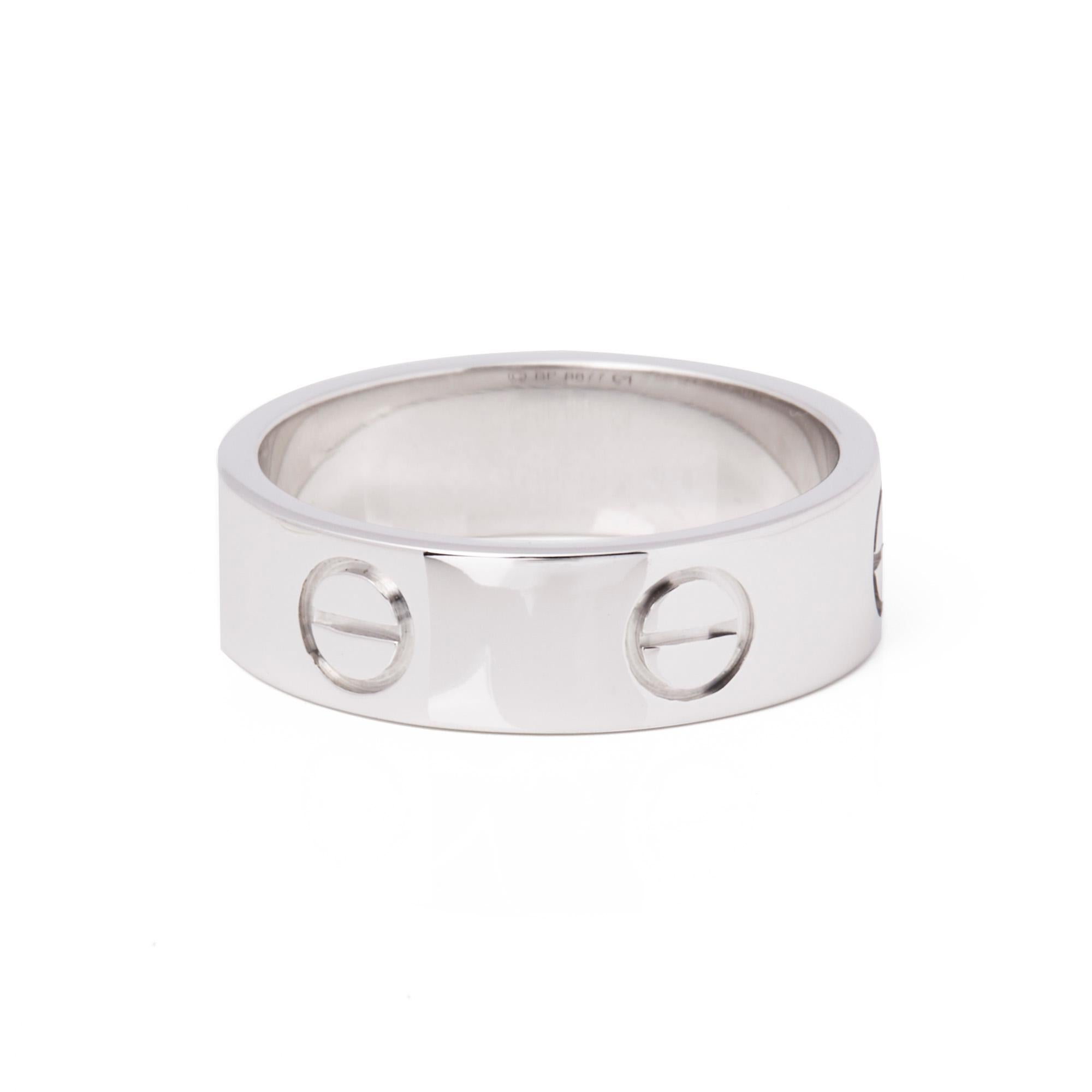 This ring by Cartier is from their Love collection and features their iconic screw detail set in 18ct white gold. UK ring size K. EU ring size 50. US ring size 5 1/4. 