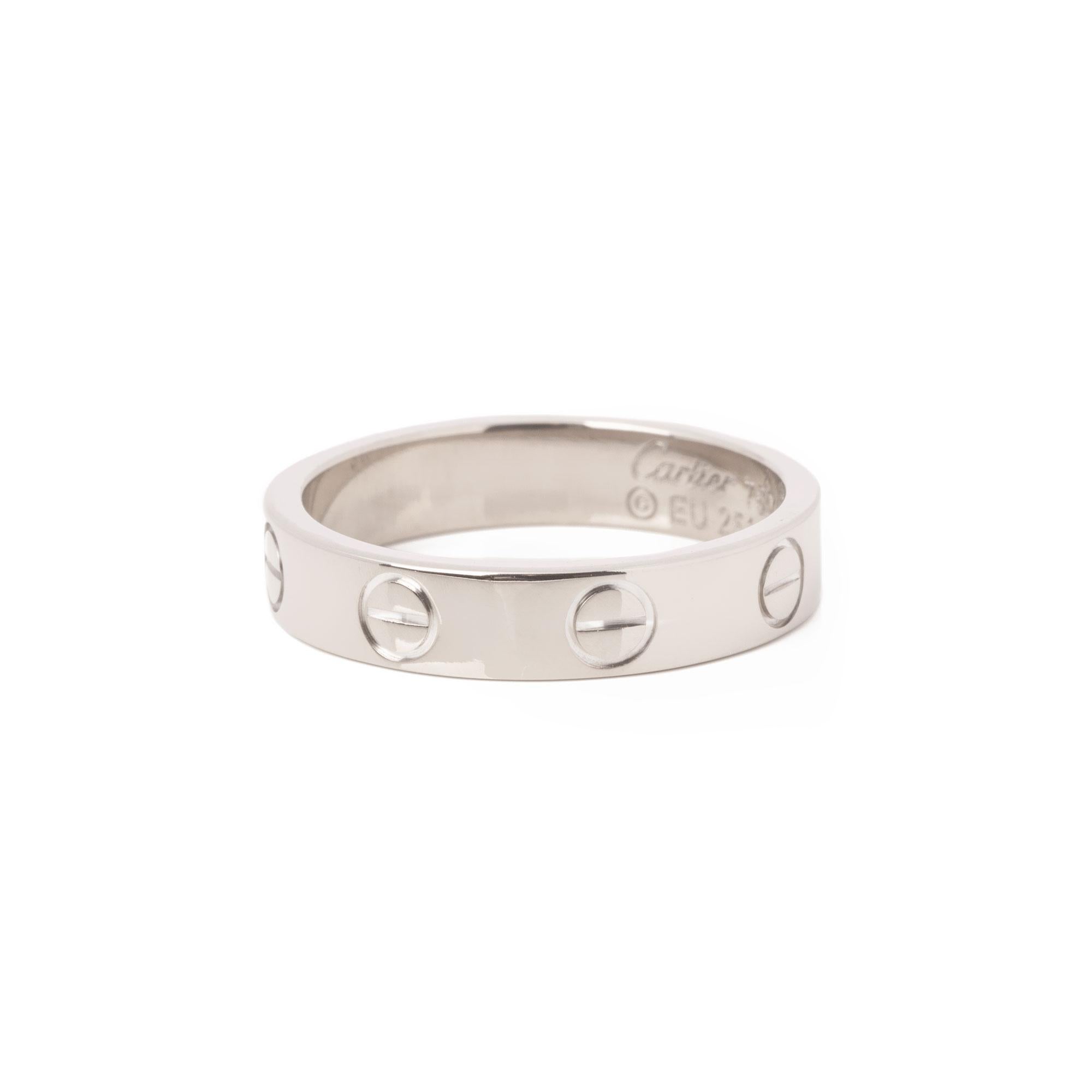 Cartier 18ct White Gold Love Wedding Band Ring

Brand Cartier
Model Love Wedding Band
Product Type Ring
Serial Number EU****
Material(s) 18ct White Gold
UK Ring Size I 1/2
EU Ring Size 48
US Ring Size 4 1/2
Resizing Possible No
Band Width
