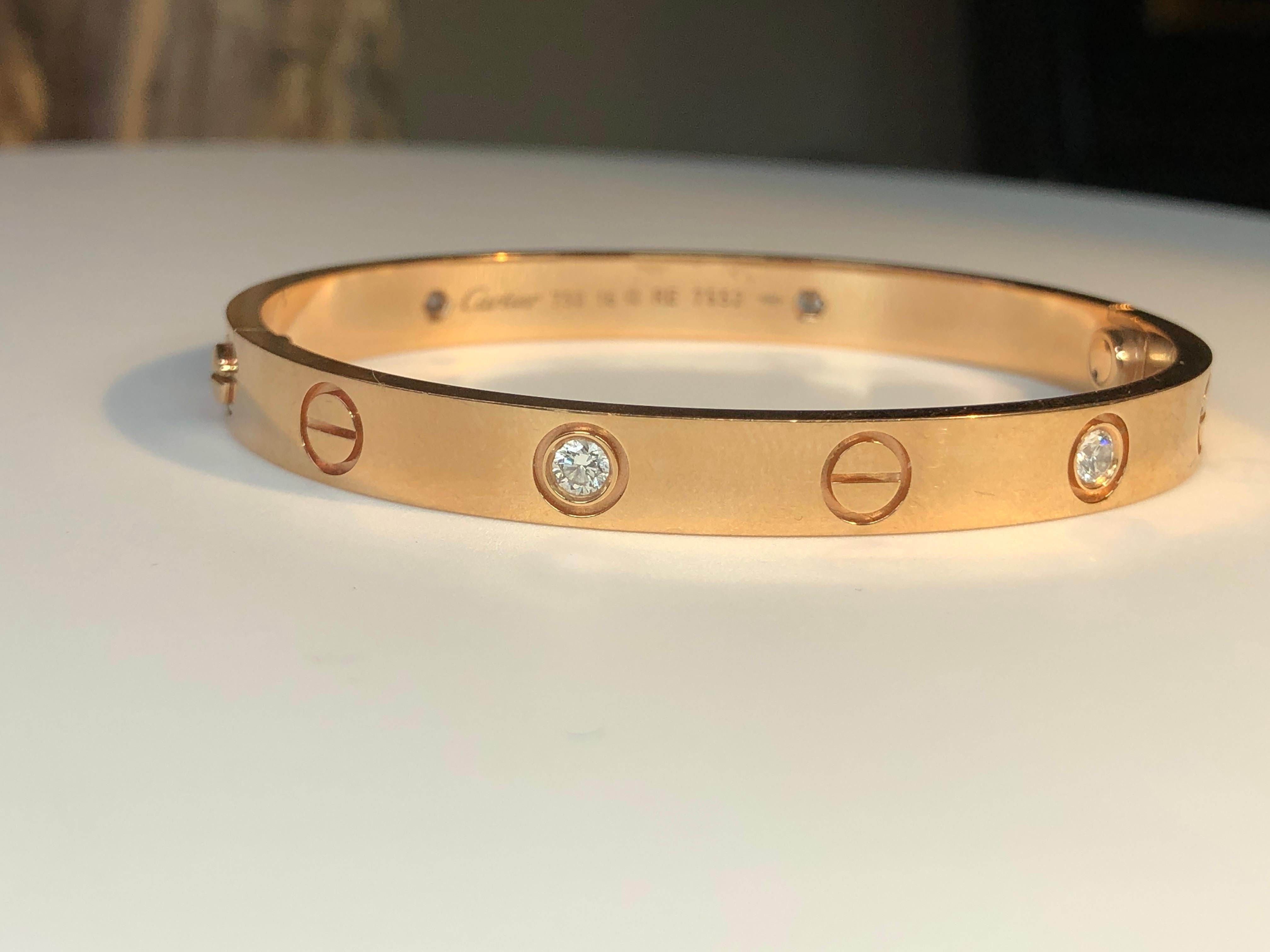 Timelessly elegant and sophisticated in its minimalist design, the iconic Love bracelet from Cartier is an instantly recognizable symbol of romance and commitment, presented in this instance in a splendid blend of 18K gold and four sparkling