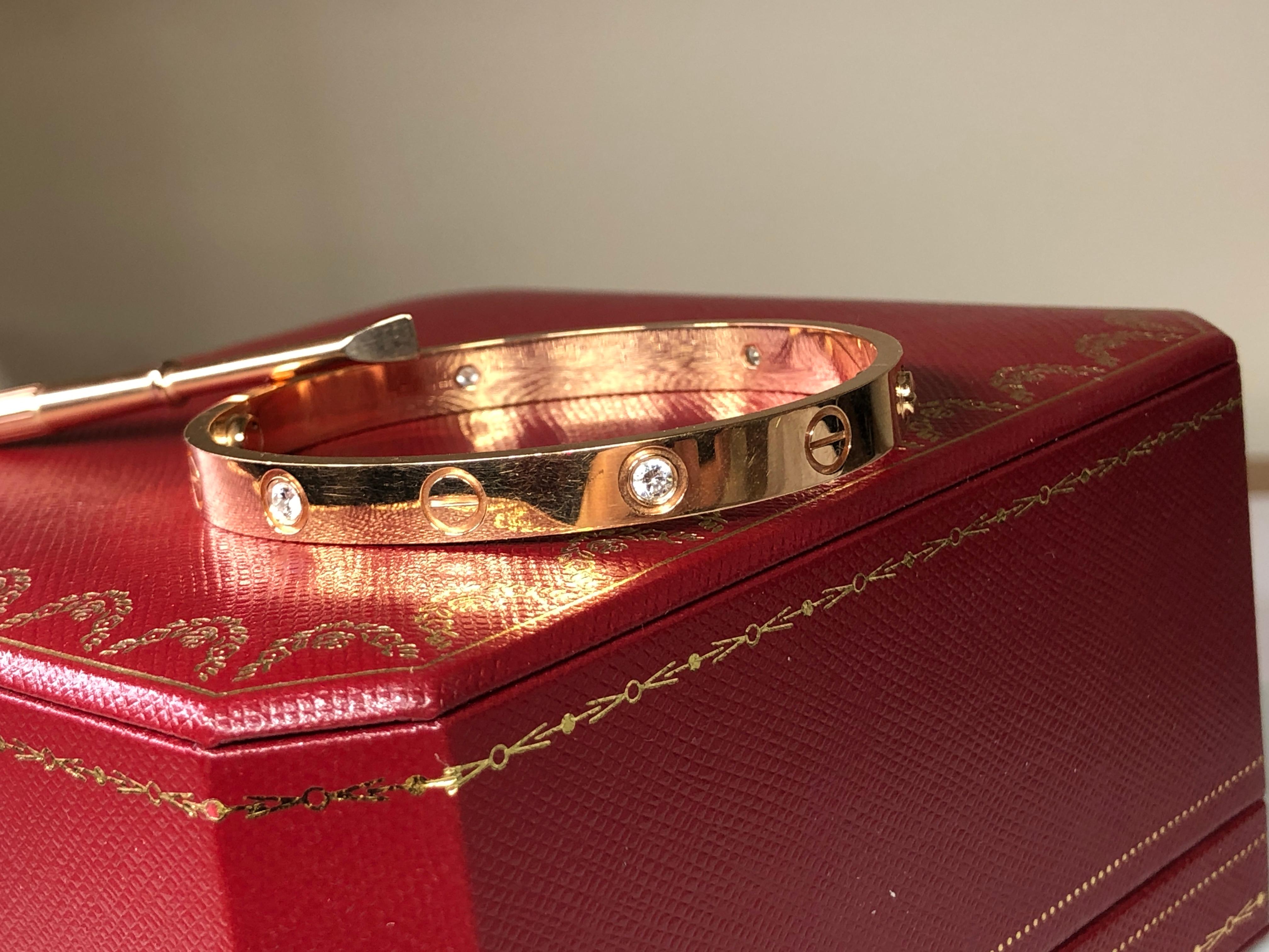 Round Cut Cartier Love 18 Karat Rose Gold 4 Diamond Bracelet