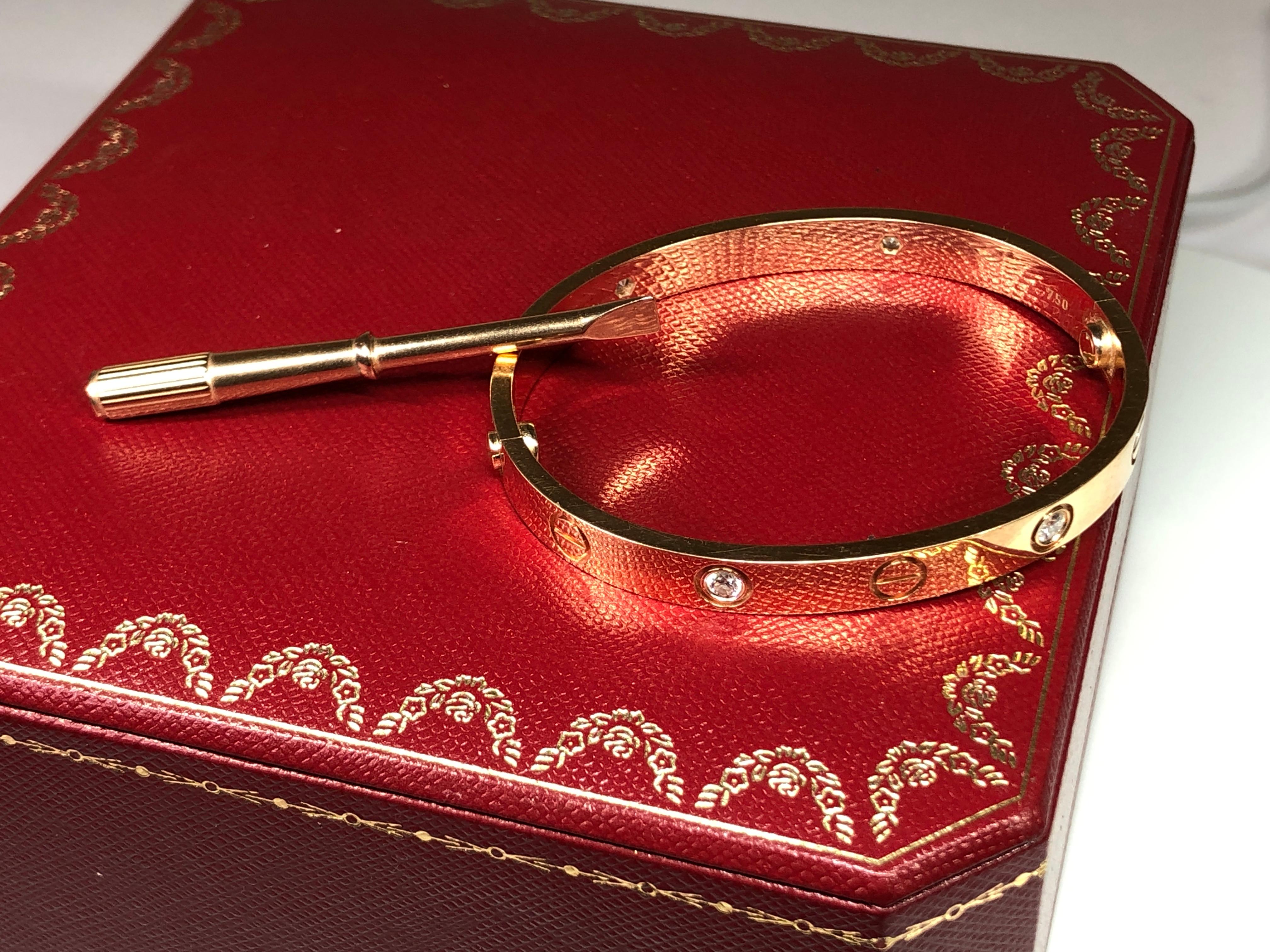 Cartier Love 18 Karat Rose Gold 4 Diamond Bracelet In Excellent Condition In Banbury, GB