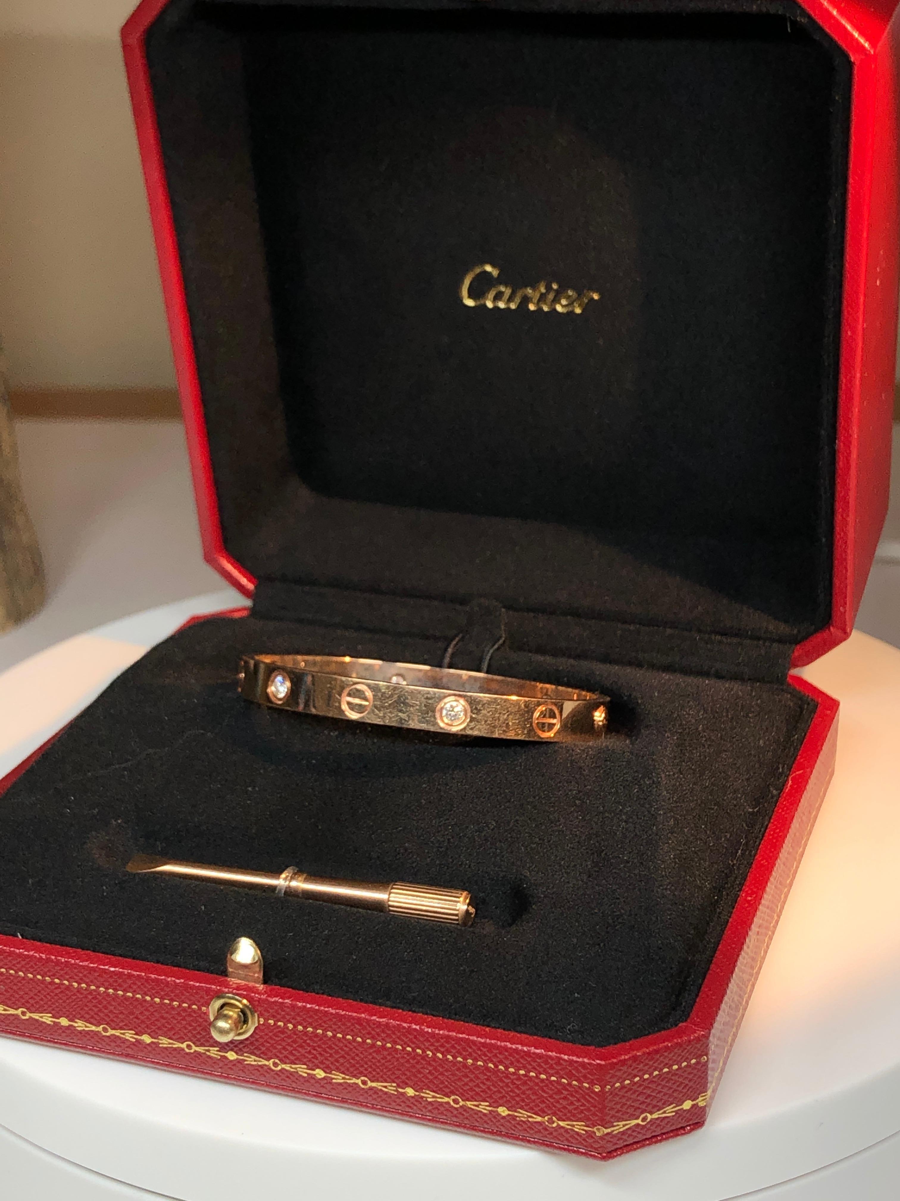 Women's or Men's Cartier Love 18 Karat Rose Gold 4 Diamond Bracelet