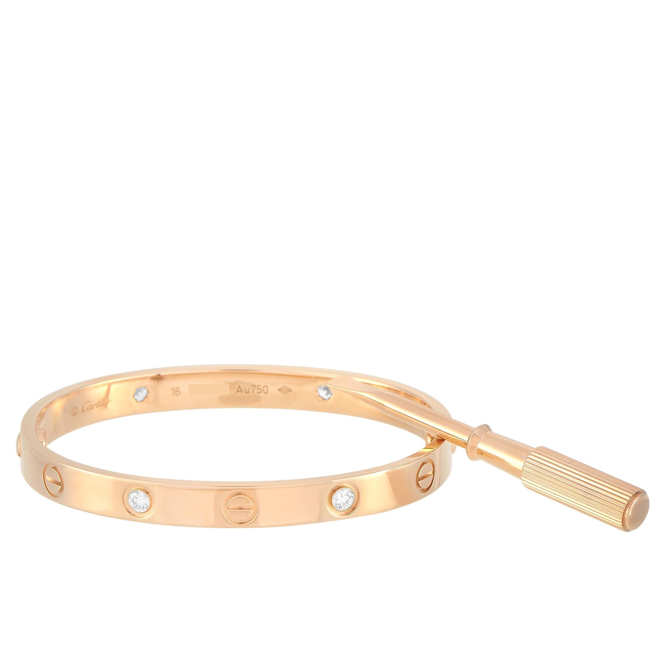 The Cartier “LOVE” bracelet is made of 18K rose gold and set with four diamond stones. The bracelet weighs 31 grams and measures 6.3” in length. It is delivered with a screwdriver.

This jewelry piece is offered in estate condition and includes a