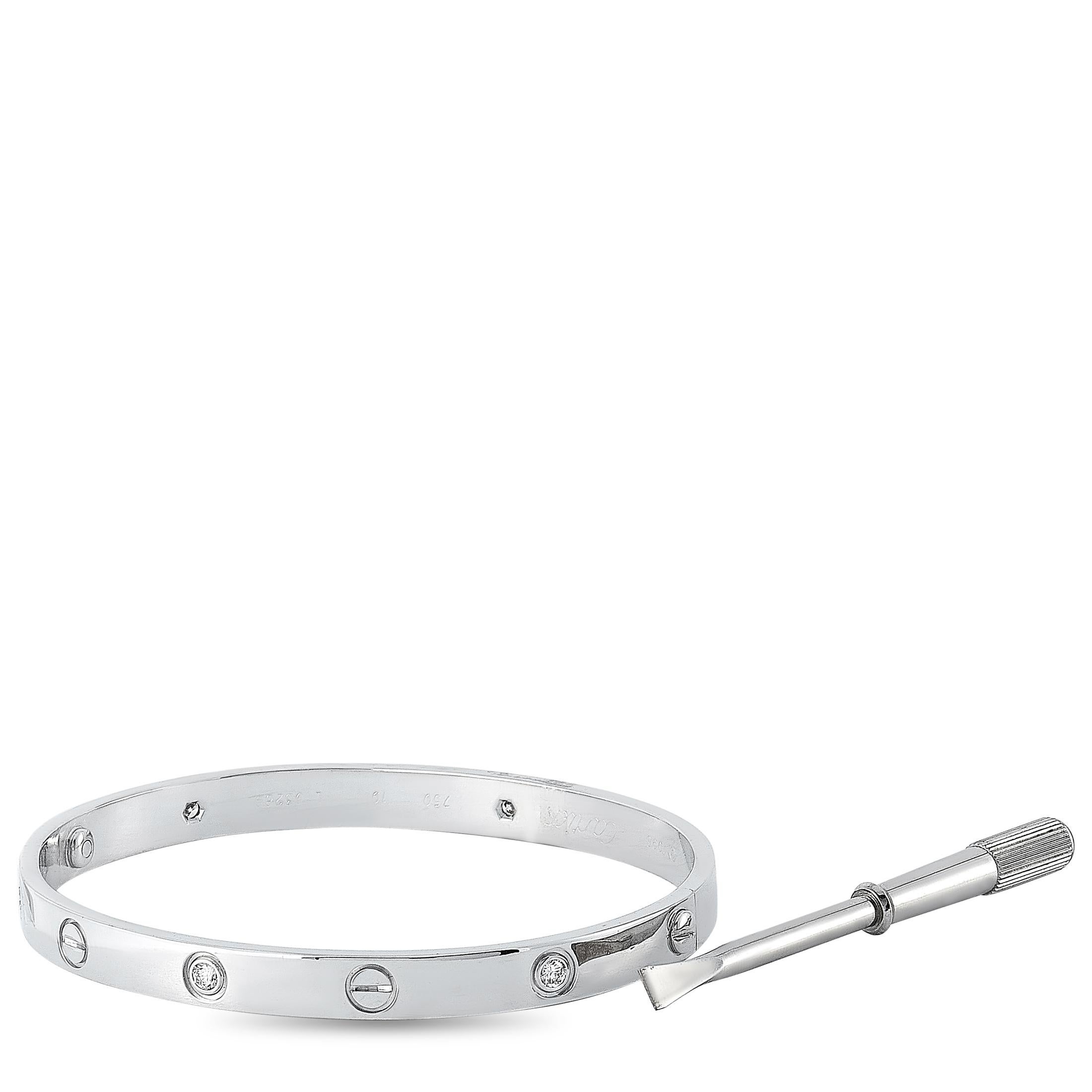 The Cartier “LOVE” bracelet is crafted from 18K white gold and set with six diamond stones that amount to 0.60 carats. The bracelet weighs 35.5 grams, measures 7.85” in length, and is delivered with a screwdriver.

This jewelry piece is offered in
