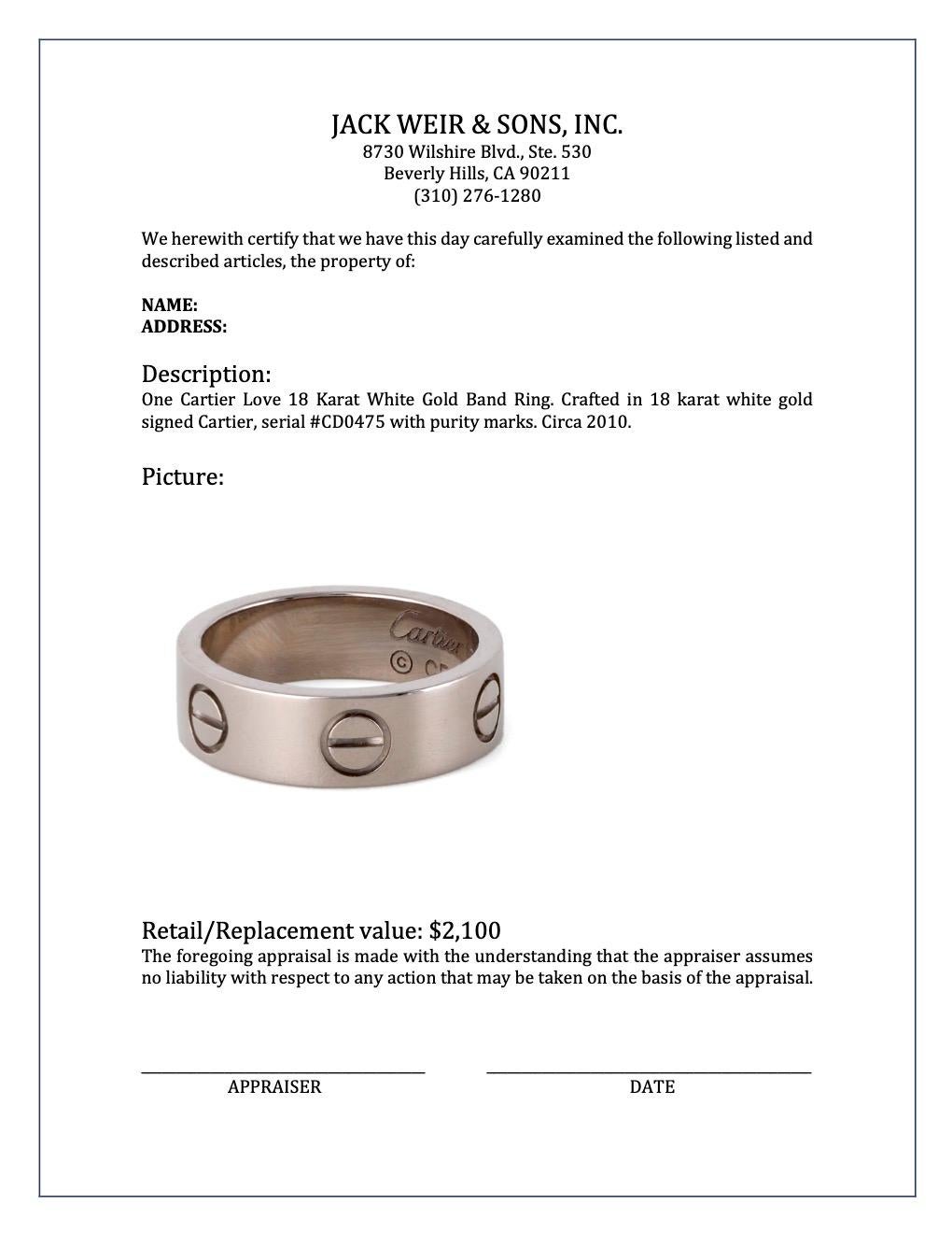 Cartier Love 18 Karat White Gold Band Ring 3