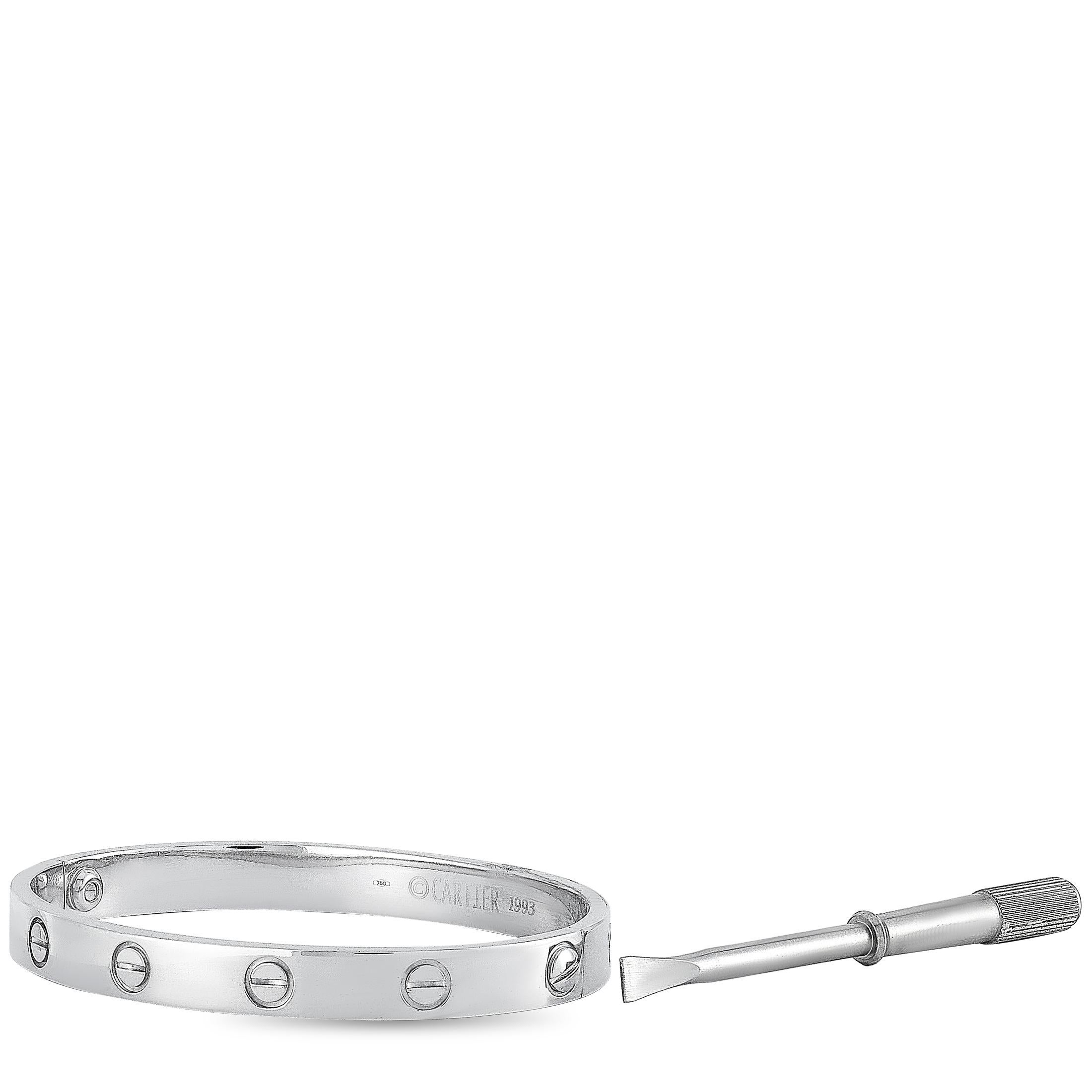 The Cartier “LOVE” bracelet is crafted from 18K white gold and measures 6.28” in length. The bracelet weighs 32.5 grams and is delivered with a screwdriver.

This jewelry piece is offered in estate condition and includes a gift box.