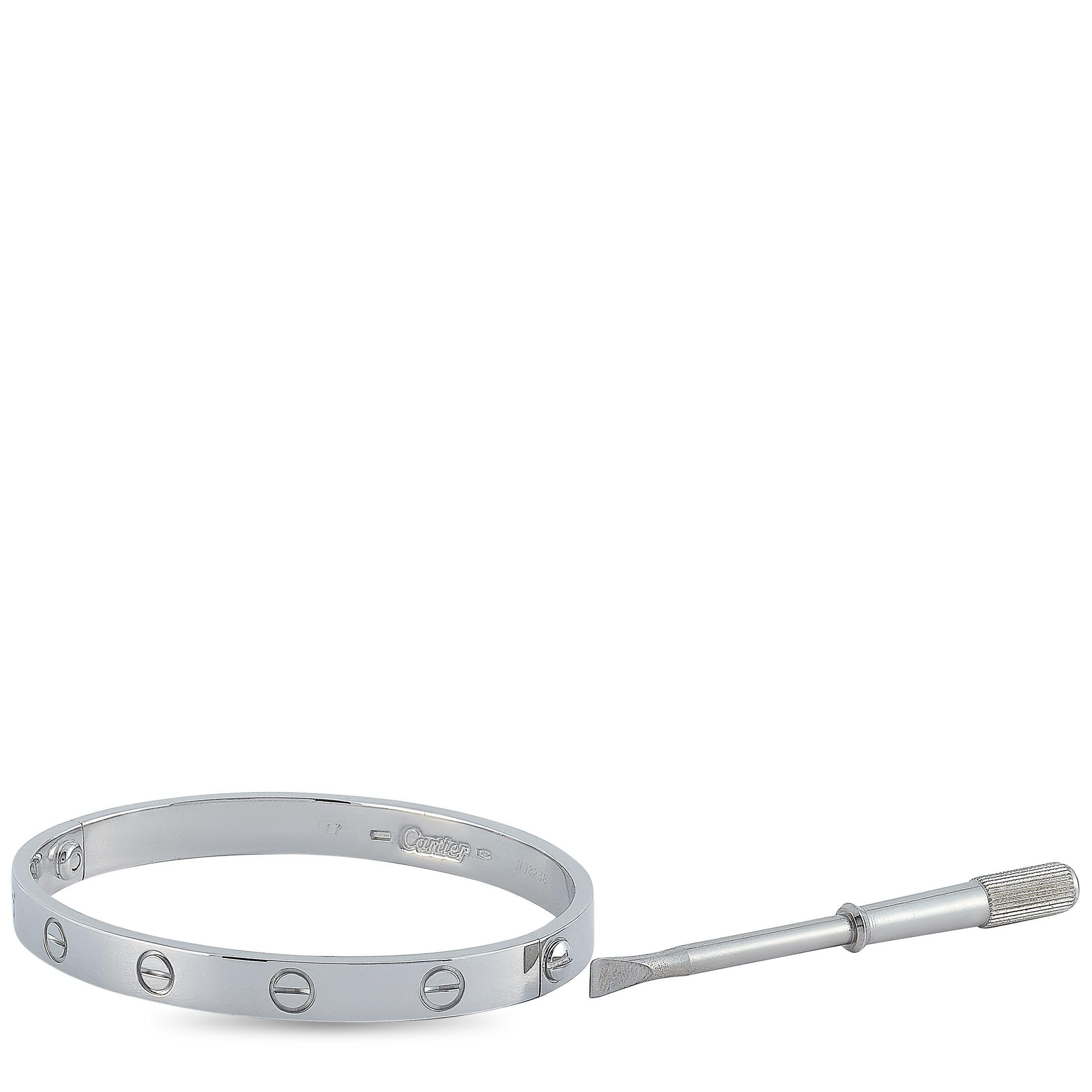 The Cartier “LOVE” bracelet is crafted from 18K white gold and measures 6.7” in length. The bracelet weighs 32 grams and is delivered with a screwdriver.

This jewelry piece is offered in estate condition and includes the a gift box.