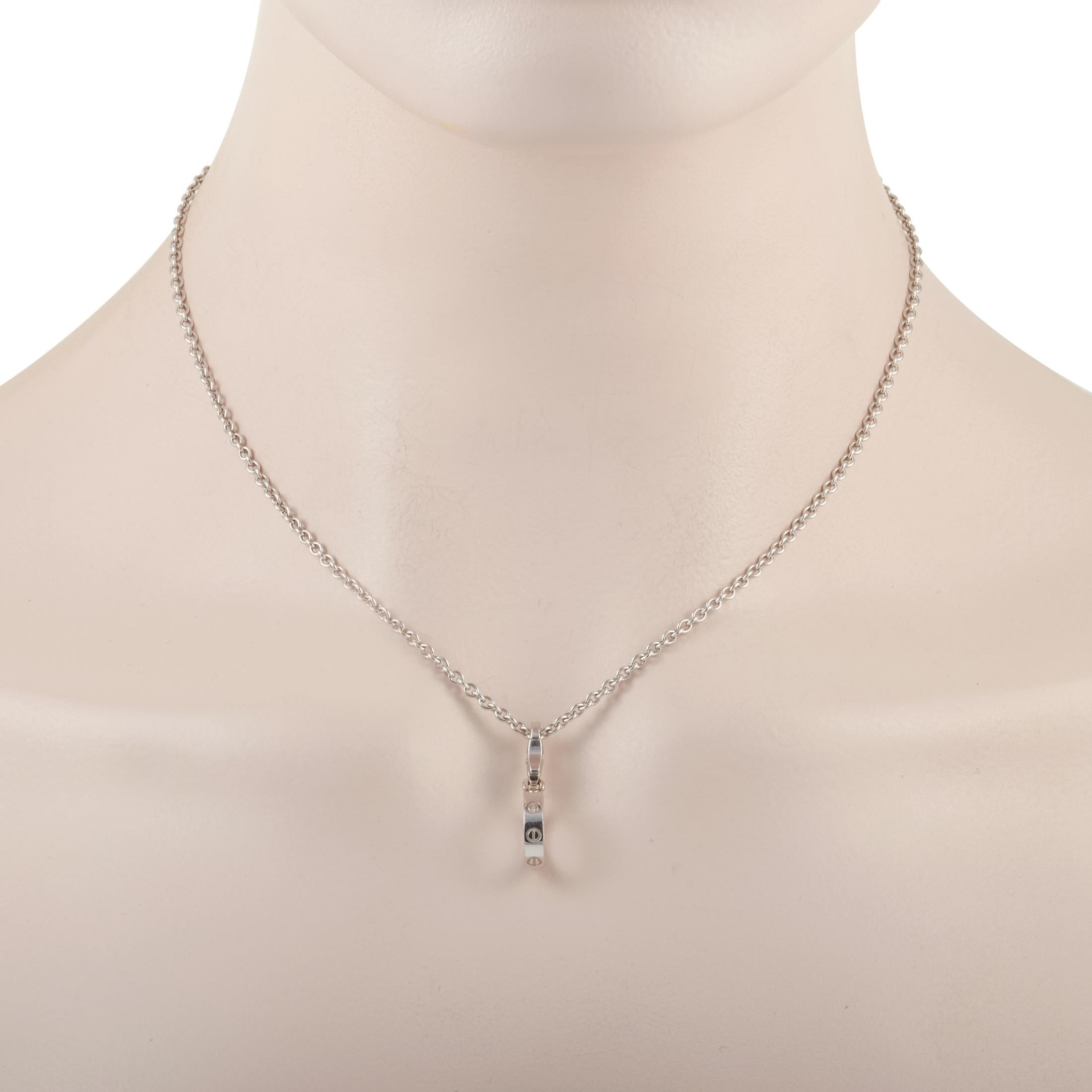 This Cartier chain is made from 18K white gold. It belongs to the LOVE collection necklace, and it’s a perfect valentine’s, birthday, and wedding anniversary gift for your soulmate. The necklace features a simple but unique pendant. It weighs 10.7