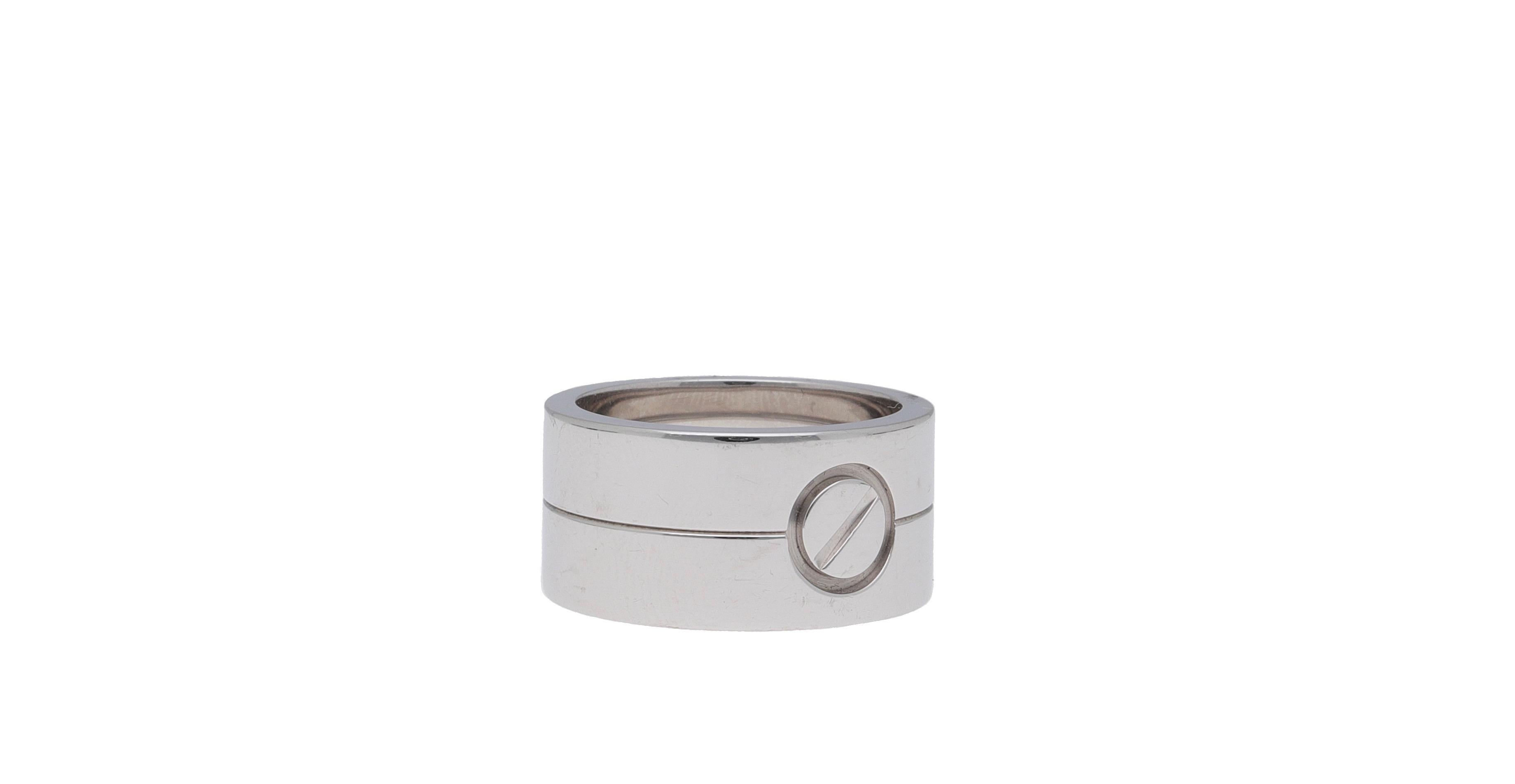 Cartier Love wide band crafted in 18 karat white gold.
This iconic design is suitable for every occasion.
Love is the expression of Cartier’s design vision. 
It presents the perfection of clean lines and precise proportions.
This collection was