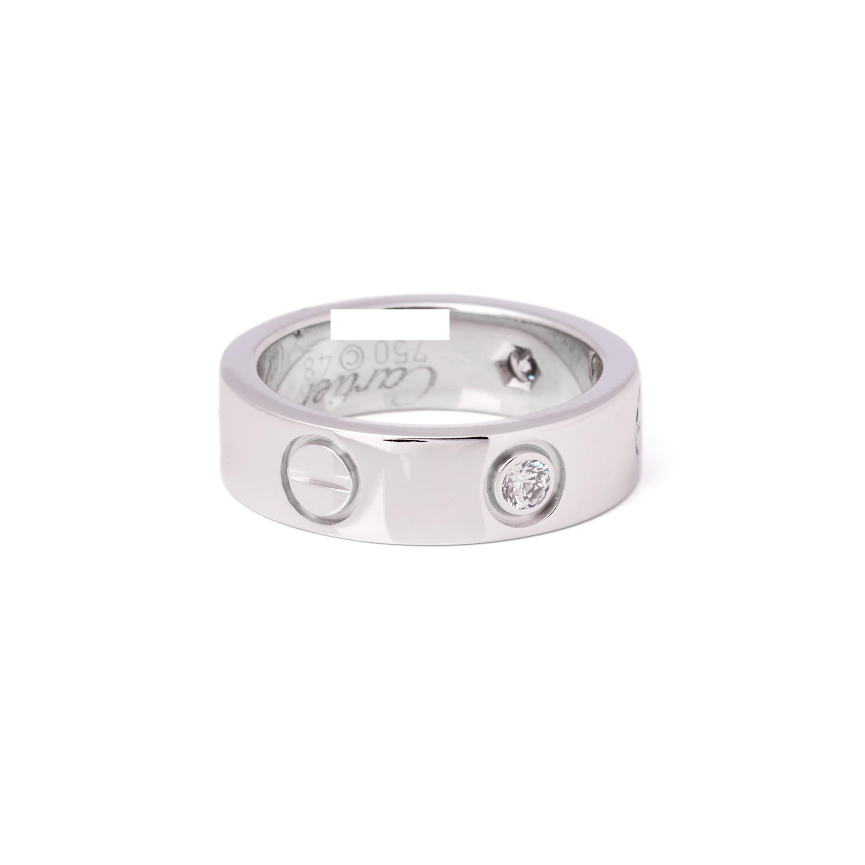 Cartier 3 Diamond 18ct White Gold Love Band Ring

Brand Cartier
Model 3 Diamond Love Band Ring
Product Type Ring
Serial Number AU****
Accompanied By Cartier Pouch
Material(s) 18ct White Gold
Gemstone Diamond
UK Ring Size I 1/2
EU Ring Size 48
US