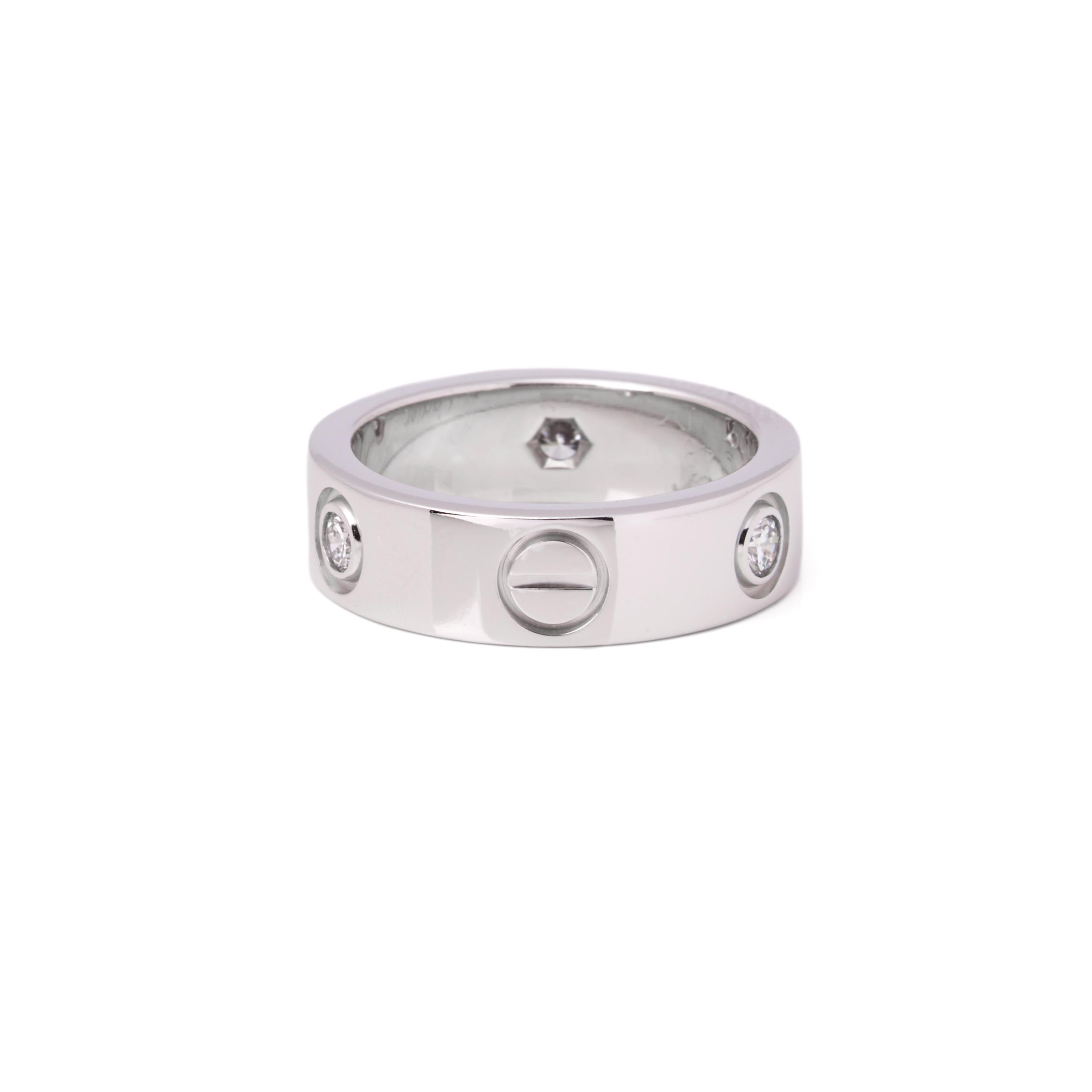 Round Cut Cartier 3 Diamond 18ct White Gold Love Band Ring For Sale