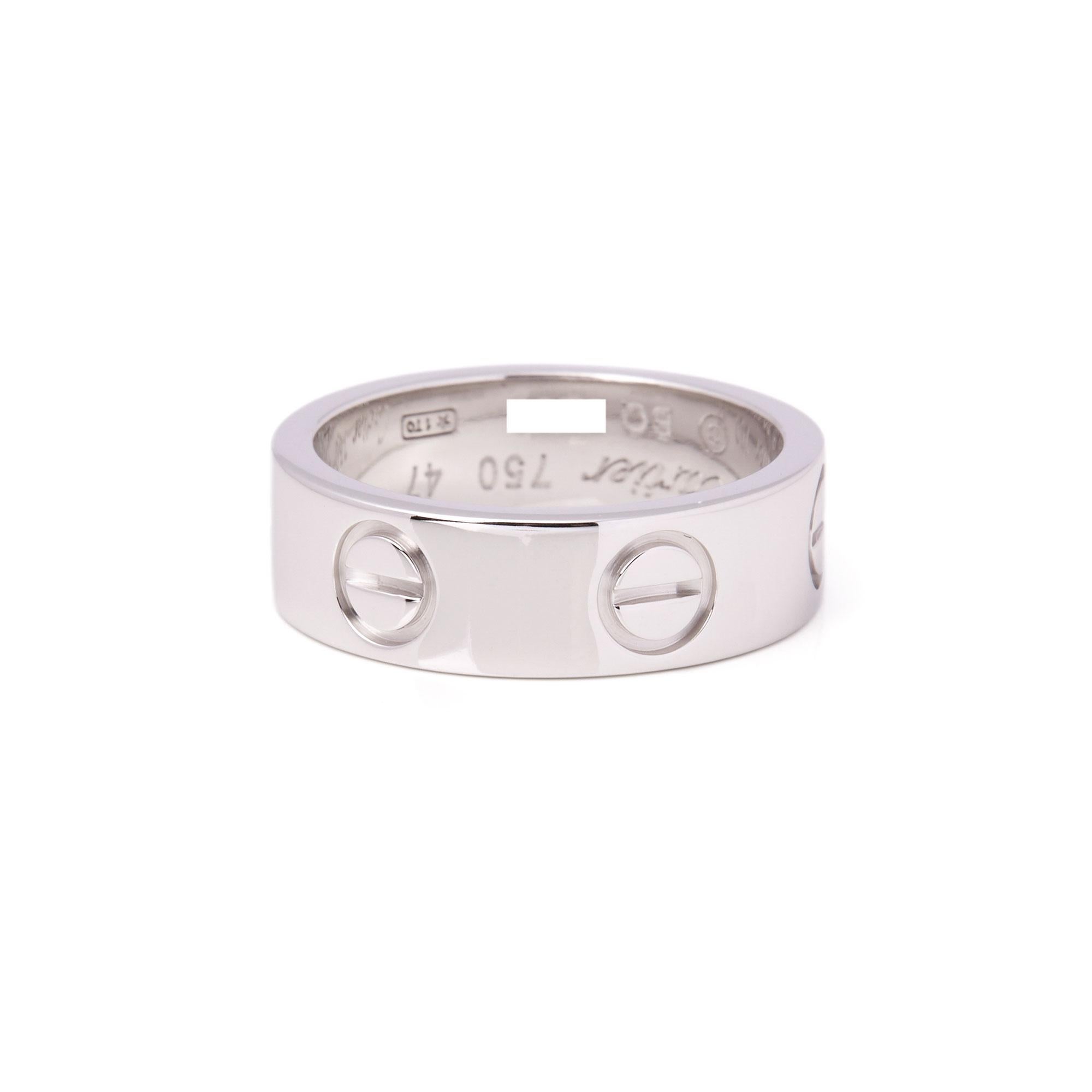 This ring by Cartier is from their Love collection and features their iconic screw detail set in 18ct white gold. Complete with Xupes presentation box. UK ring size H 1/2. EU ring size 47. US ring size 4. Our Xupes reference is COMJ480 should you