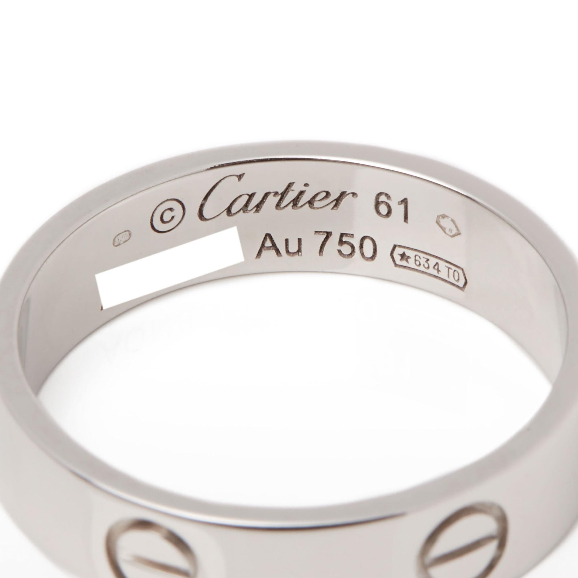 This ring by Cartier is from their Love Collection and features their iconic screw detailing set in 18ct white gold. Ring Size S 1/2, EU size 61, US size 9 1/2 Complete with Cartier box and certificate. Our Xupes reference is COMJ464 should you need
